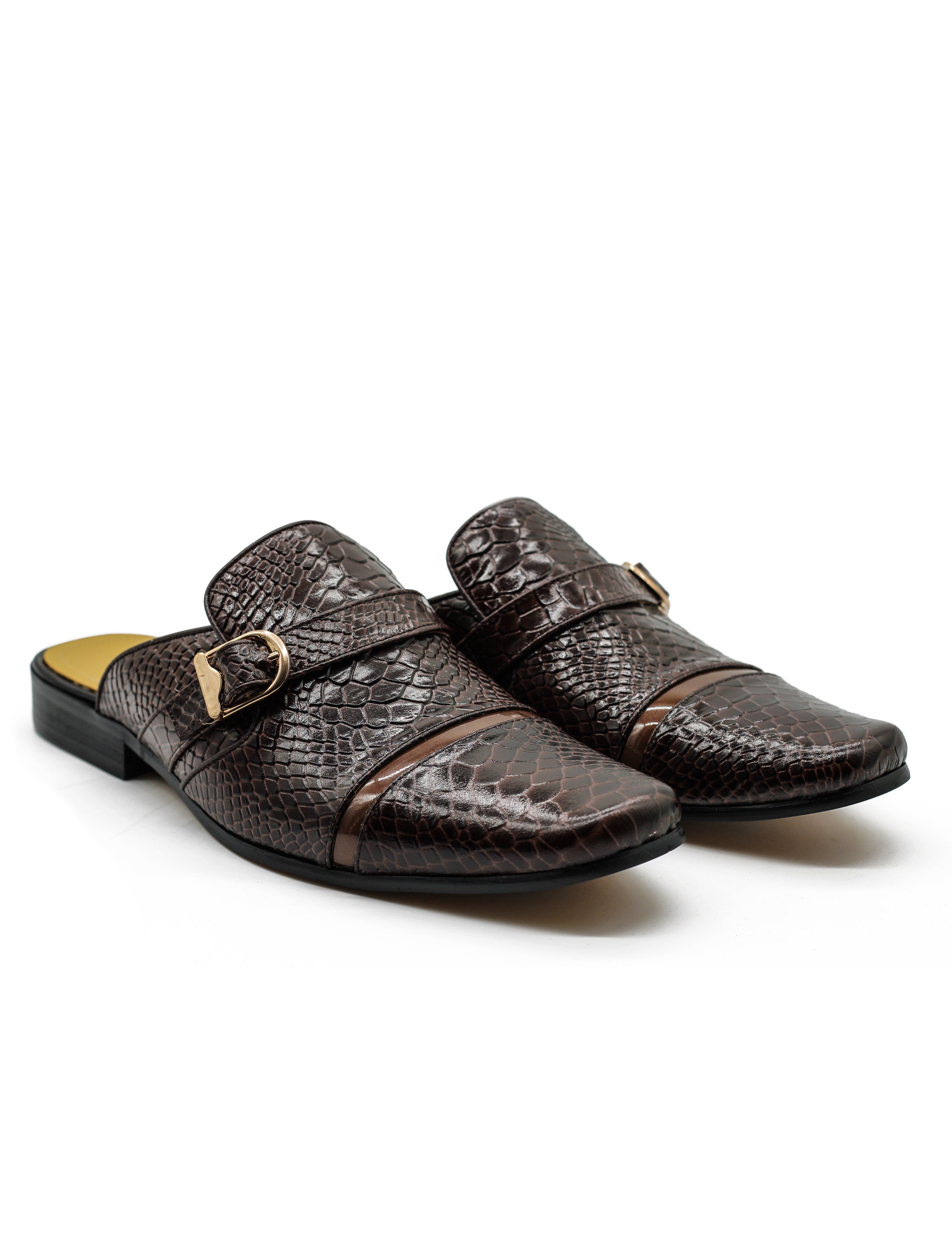 Brown Real Leather Shiny Print Half Shoes – Gold Buckle Detail