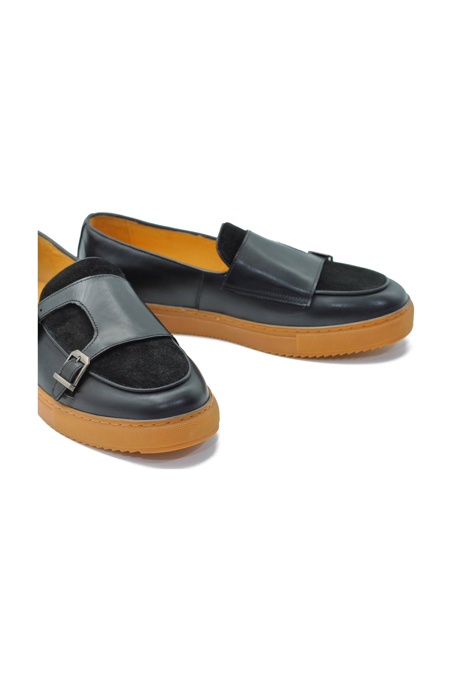 BLACK LEATHER & SUEDE DOUBLE MONK SNEAKERS