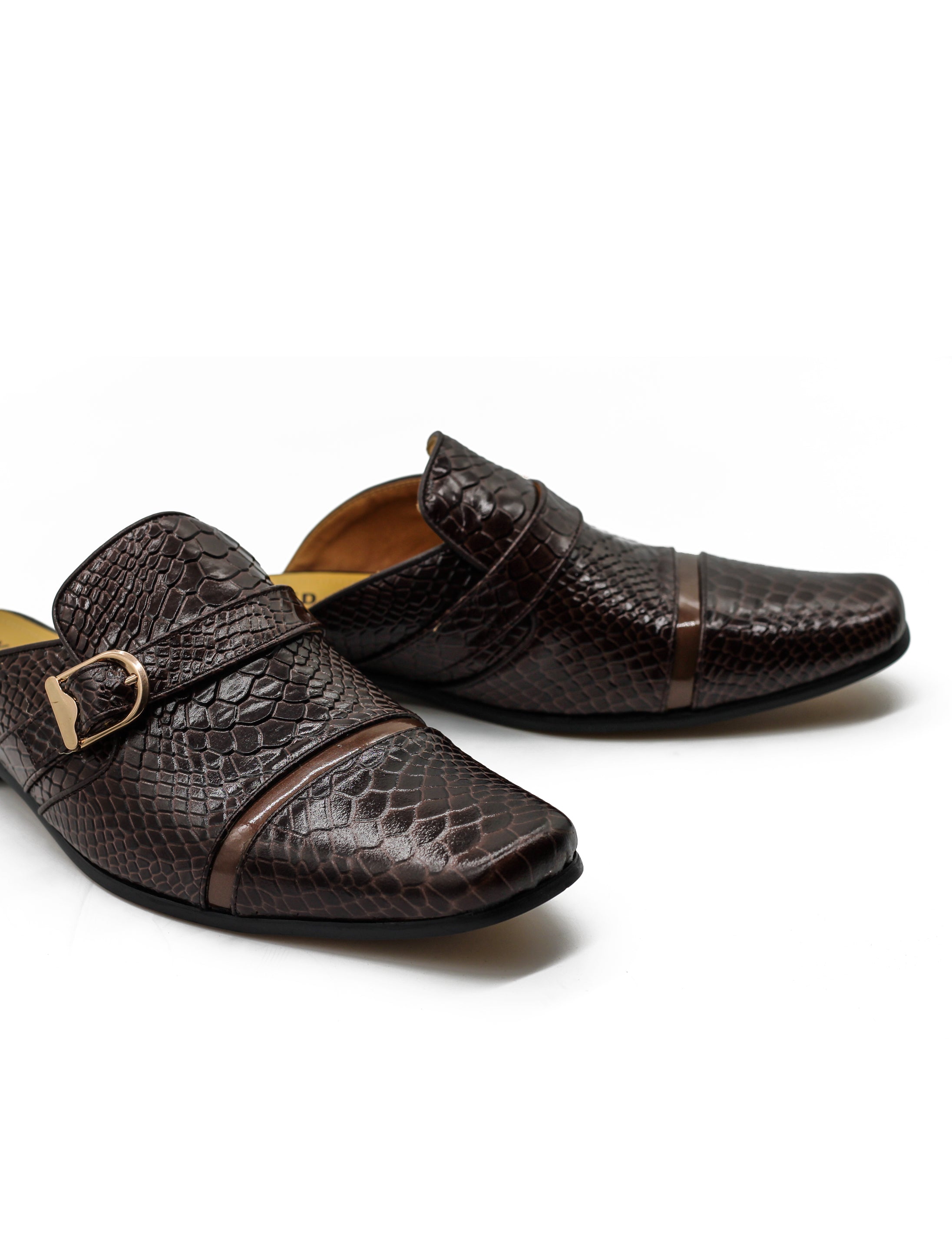 Brown Real Leather Shiny Print Half Shoes – Gold Buckle Detail