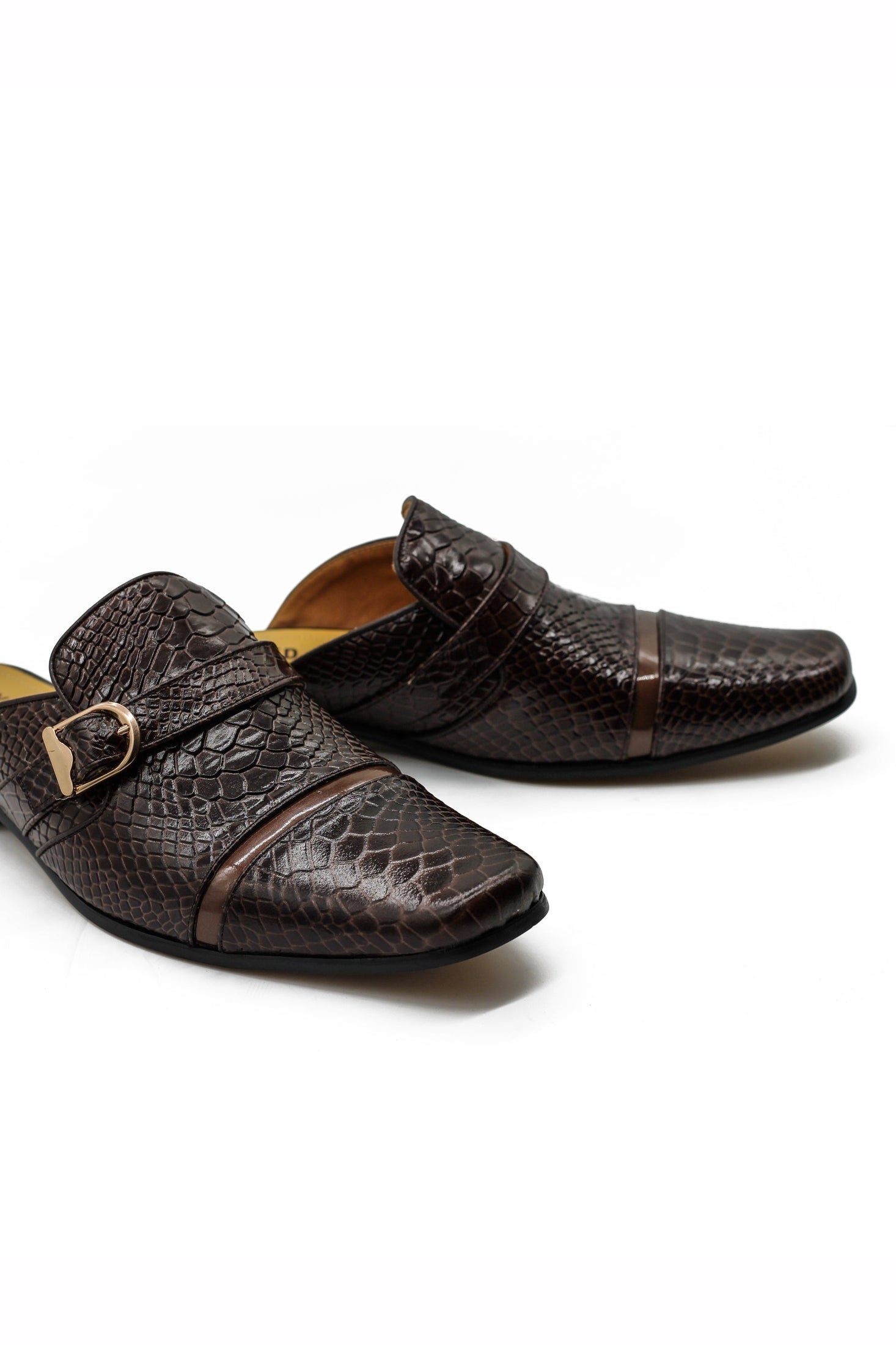 Brown Real Leather Shiny Print Half Shoes – Gold Buckle Detail