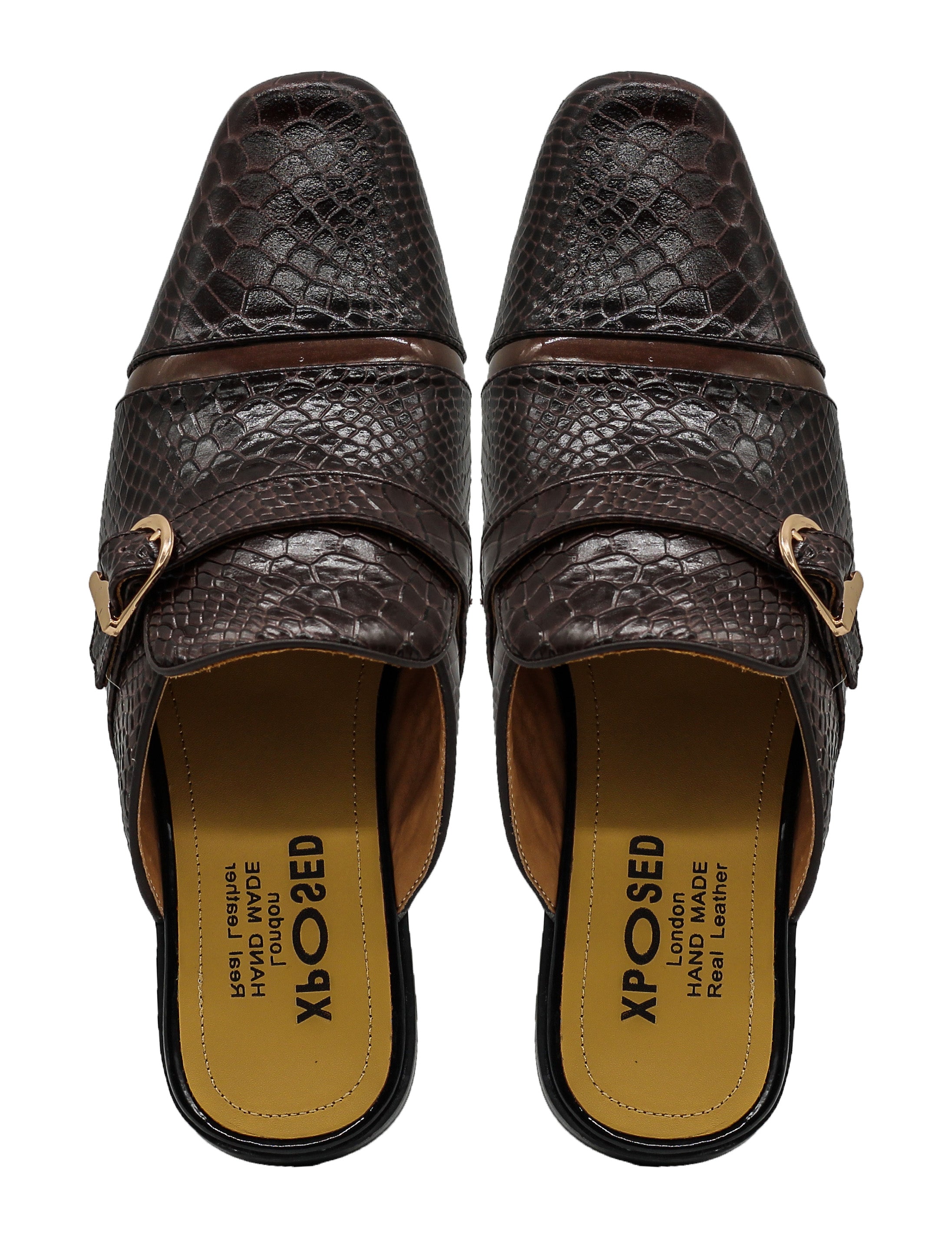 Brown Real Leather Shiny Print Half Shoes – Gold Buckle Detail