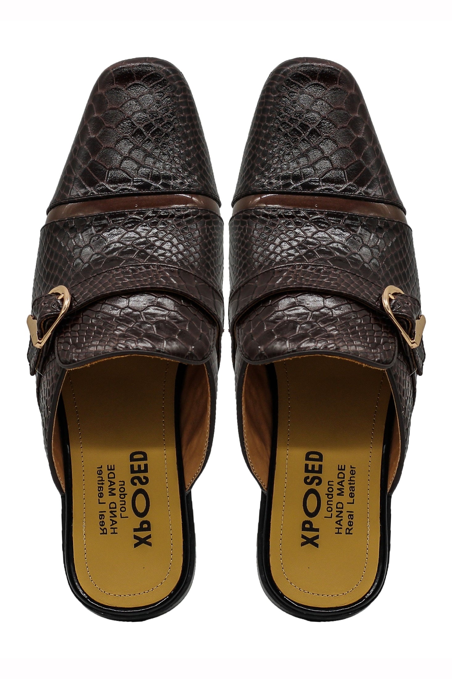 Brown Real Leather Shiny Print Half Shoes – Gold Buckle Detail