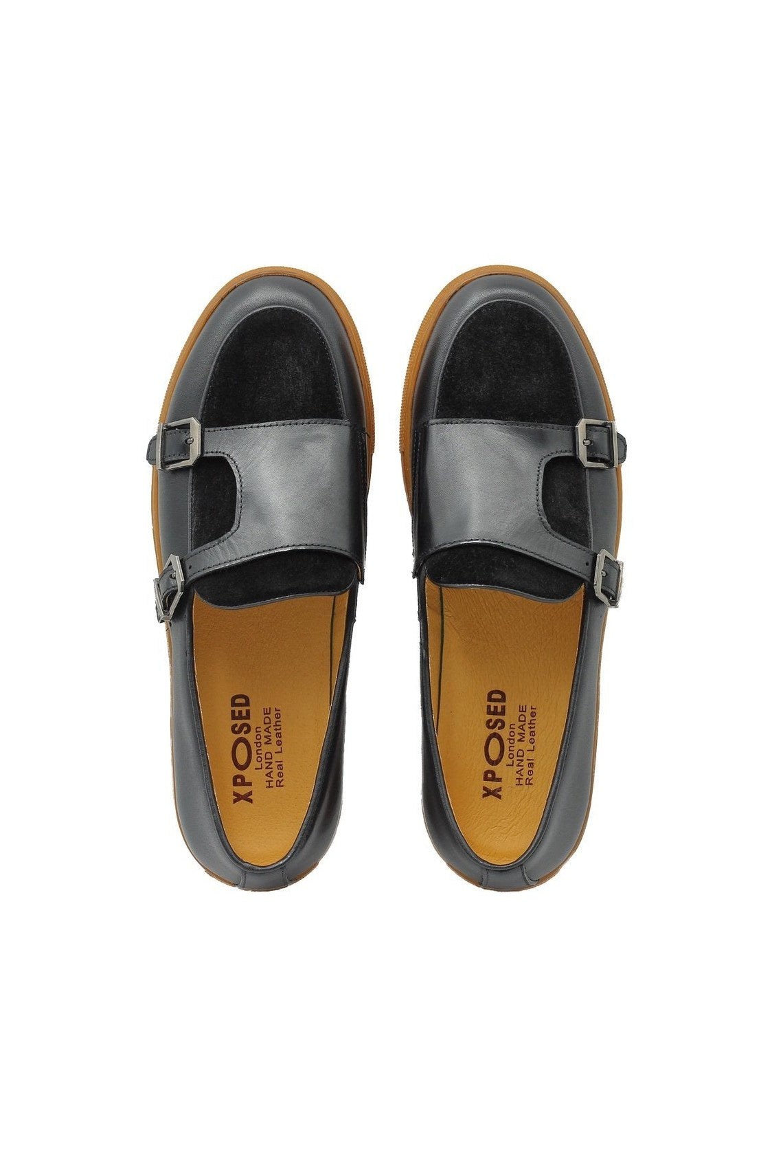 BLACK LEATHER & SUEDE DOUBLE MONK SNEAKERS