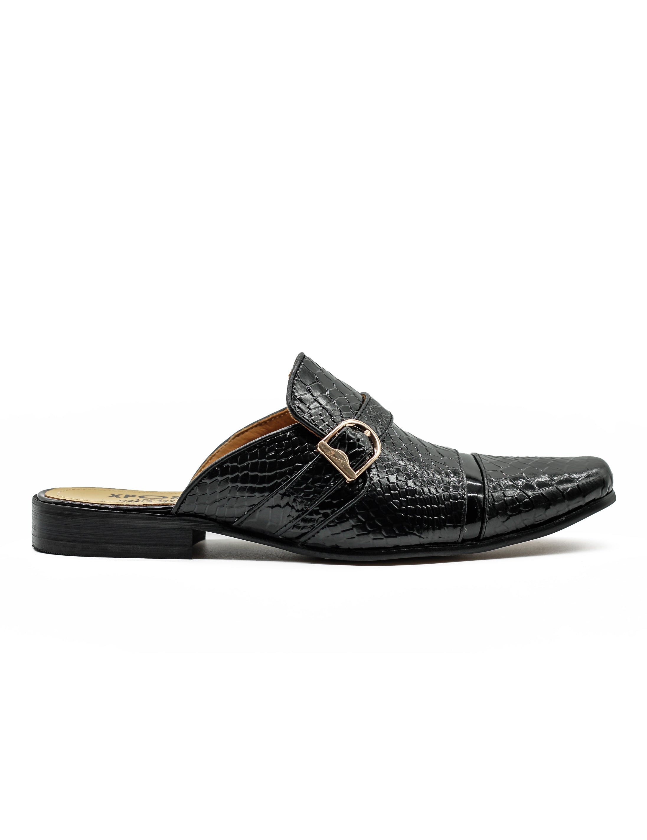Black Real Leather Shiny Print Half Shoes – Gold Buckle Detail