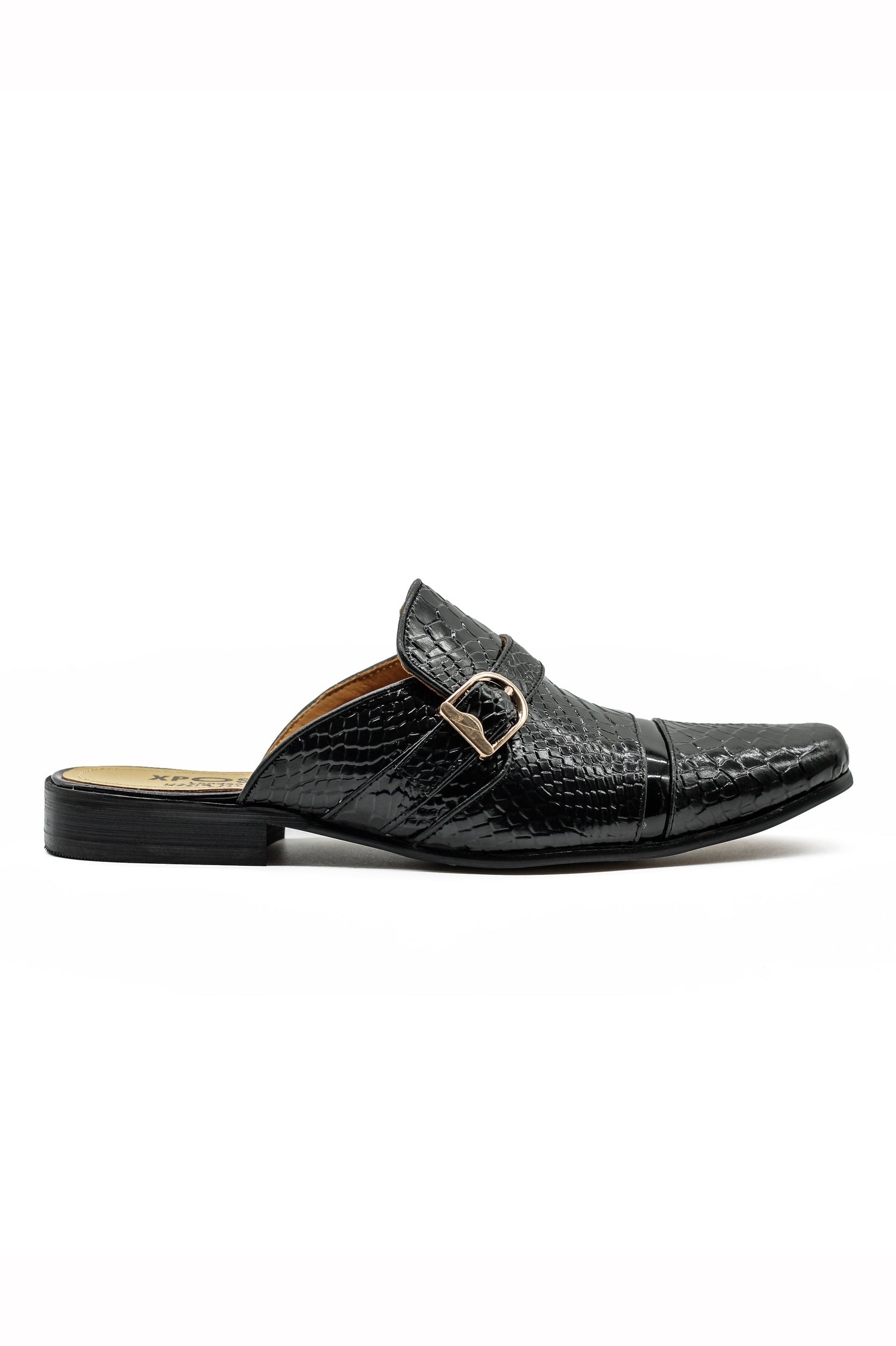 Black Real Leather Shiny Print Half Shoes – Gold Buckle Detail