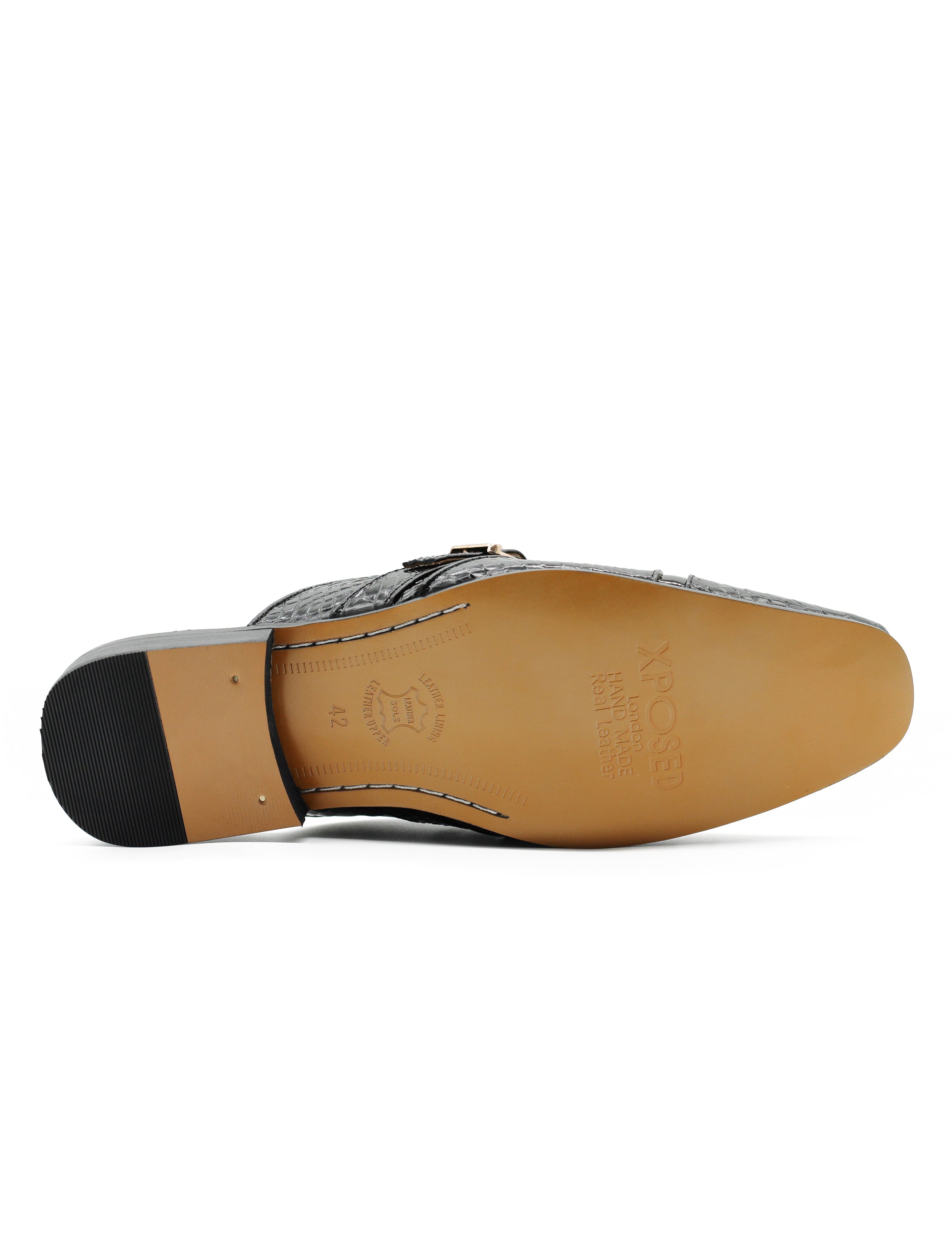 Black Real Leather Shiny Print Half Shoes – Gold Buckle Detail