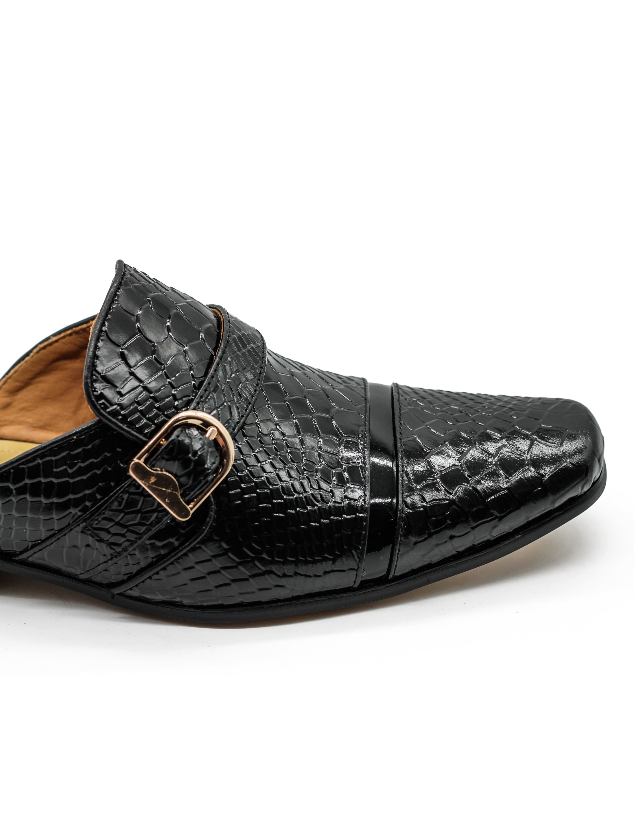 Black Real Leather Shiny Print Half Shoes – Gold Buckle Detail