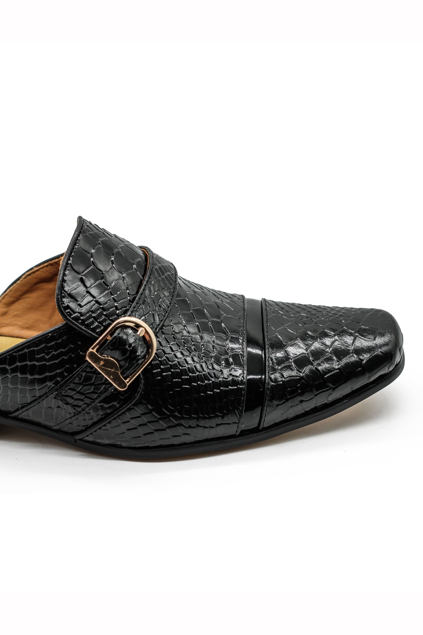 Black Real Leather Shiny Print Half Shoes – Gold Buckle Detail