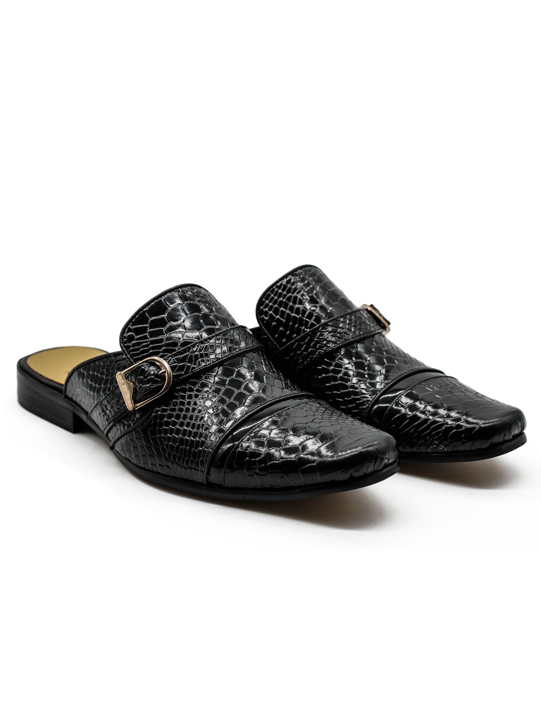 Black Real Leather Shiny Print Half Shoes – Gold Buckle Detail