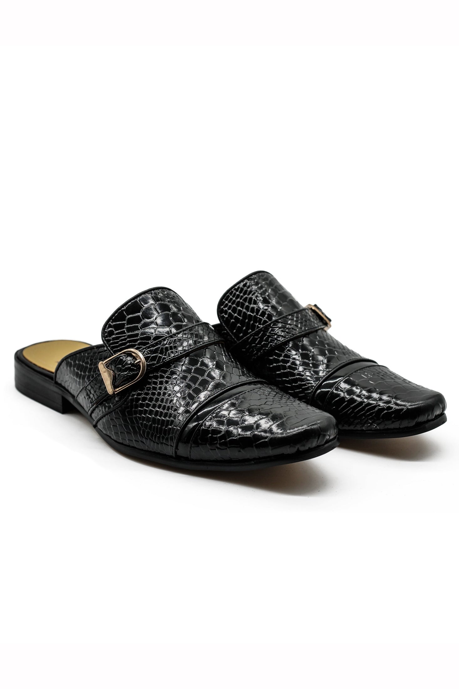 Black Real Leather Shiny Print Half Shoes – Gold Buckle Detail