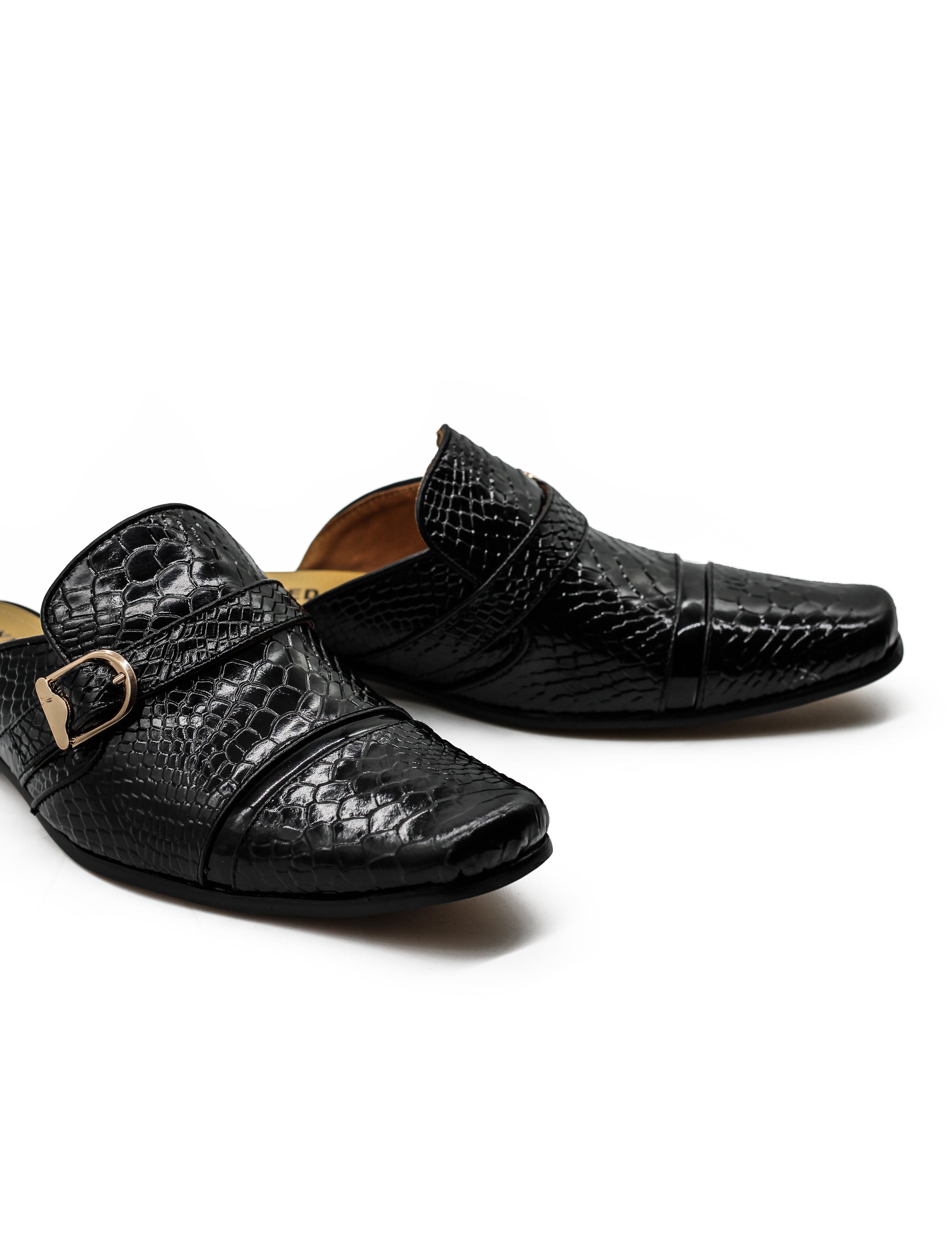 Black Real Leather Shiny Print Half Shoes – Gold Buckle Detail