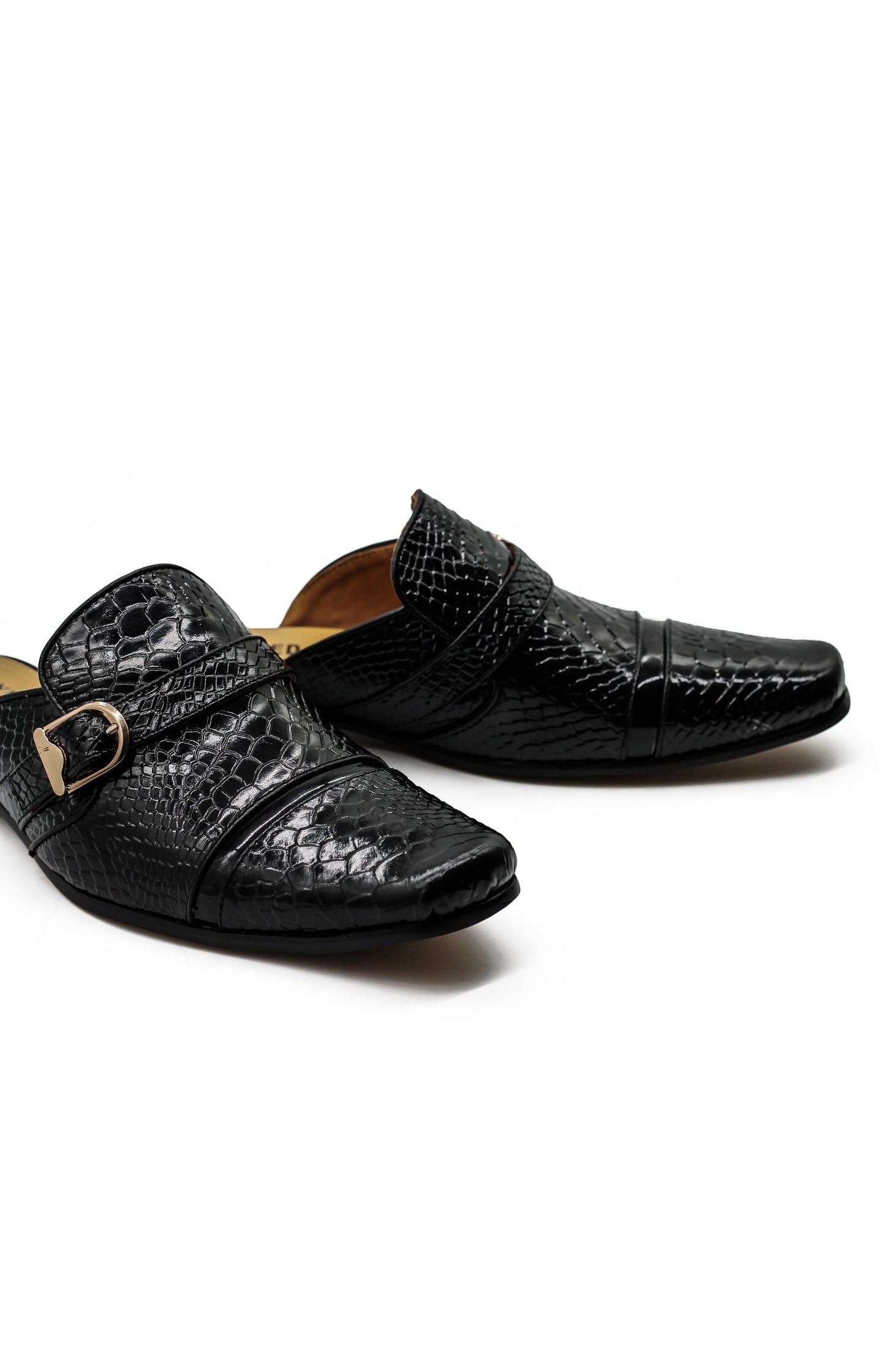 Black Real Leather Shiny Print Half Shoes – Gold Buckle Detail