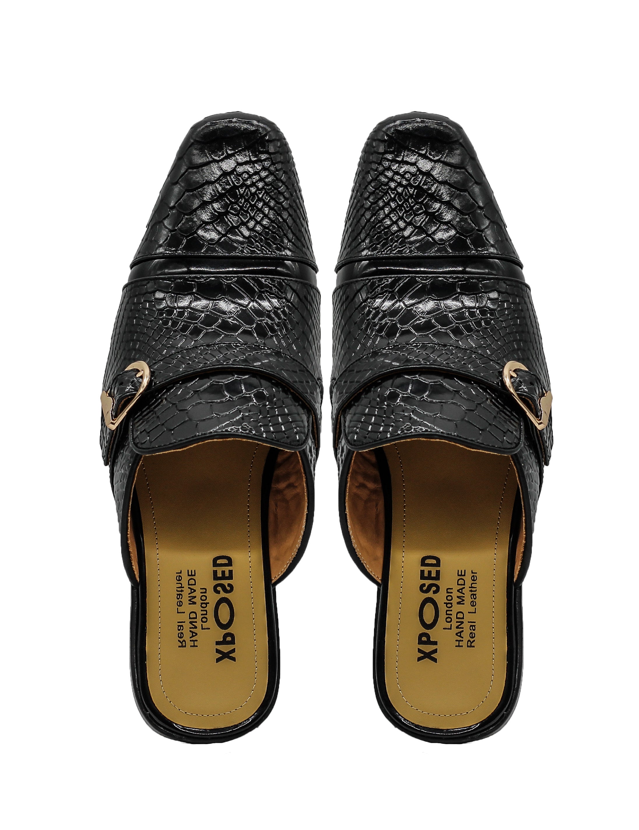 Black Real Leather Shiny Print Half Shoes – Gold Buckle Detail
