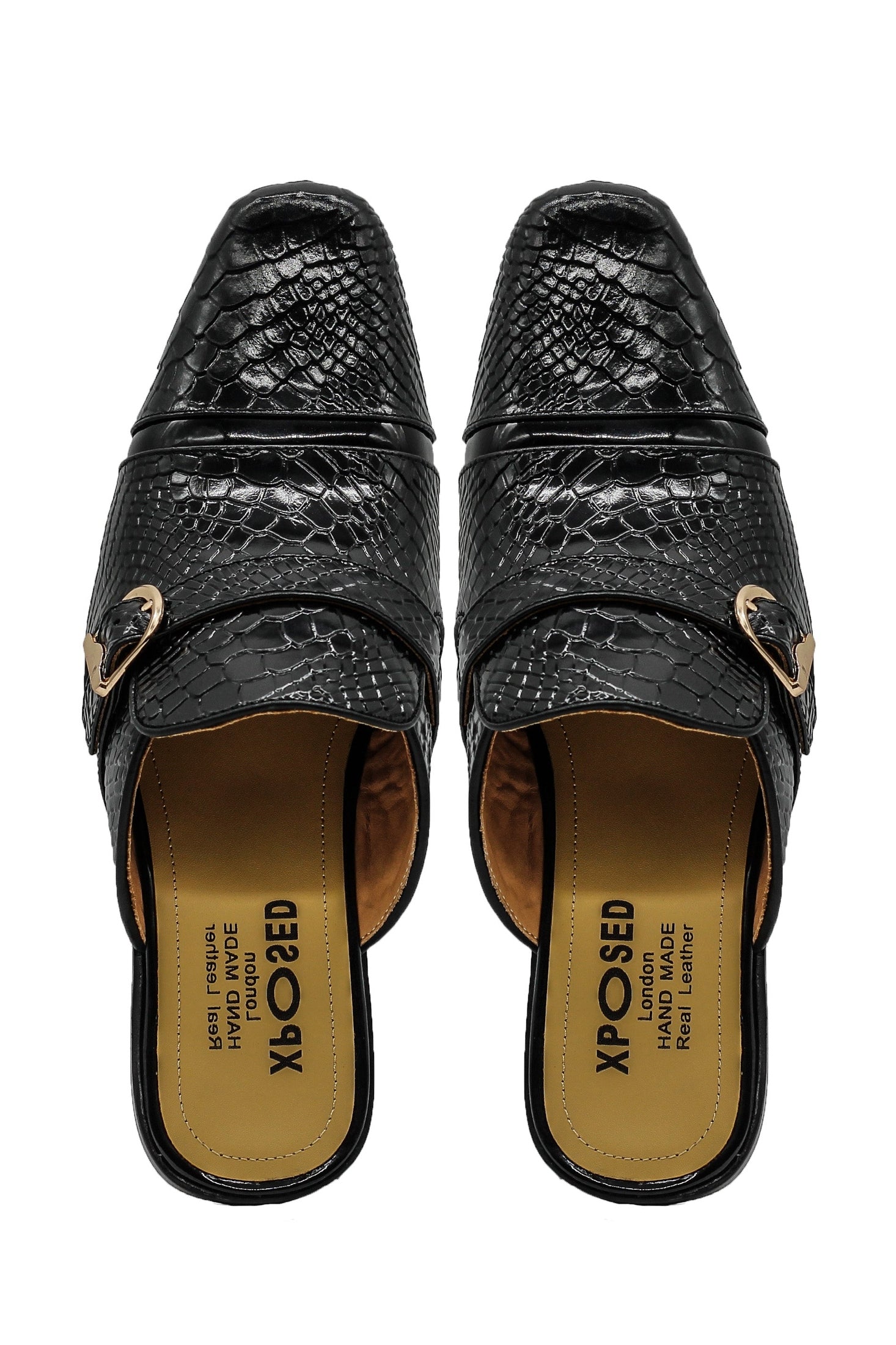Black Real Leather Shiny Print Half Shoes – Gold Buckle Detail