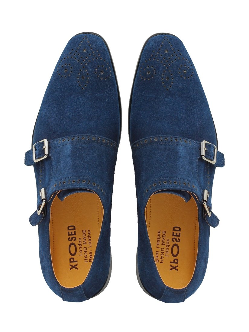 BLUE SUEDE DOUBLE BUCKLE MONKS