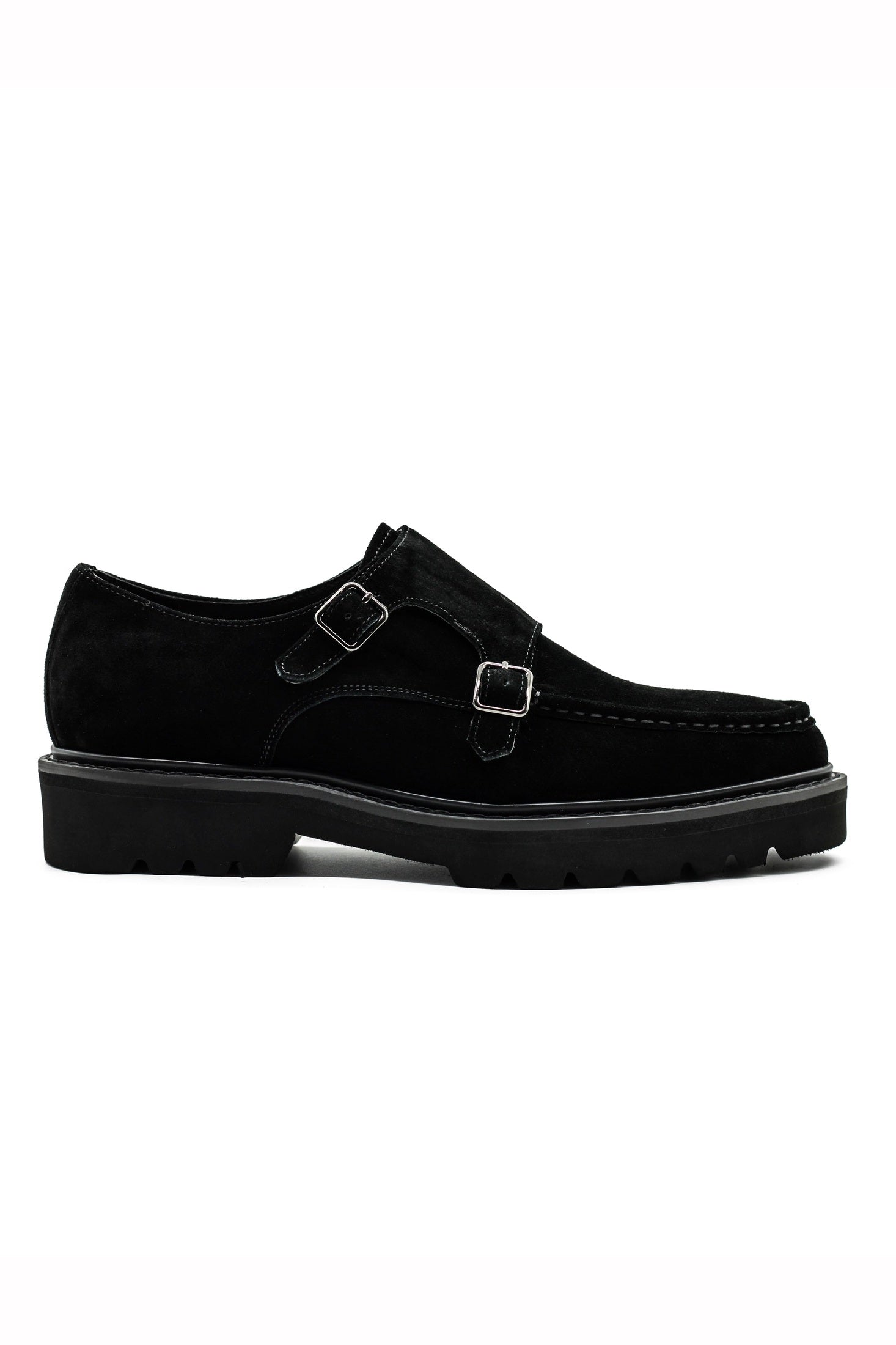 Double Buckle Suede Monk Shoes in Black
