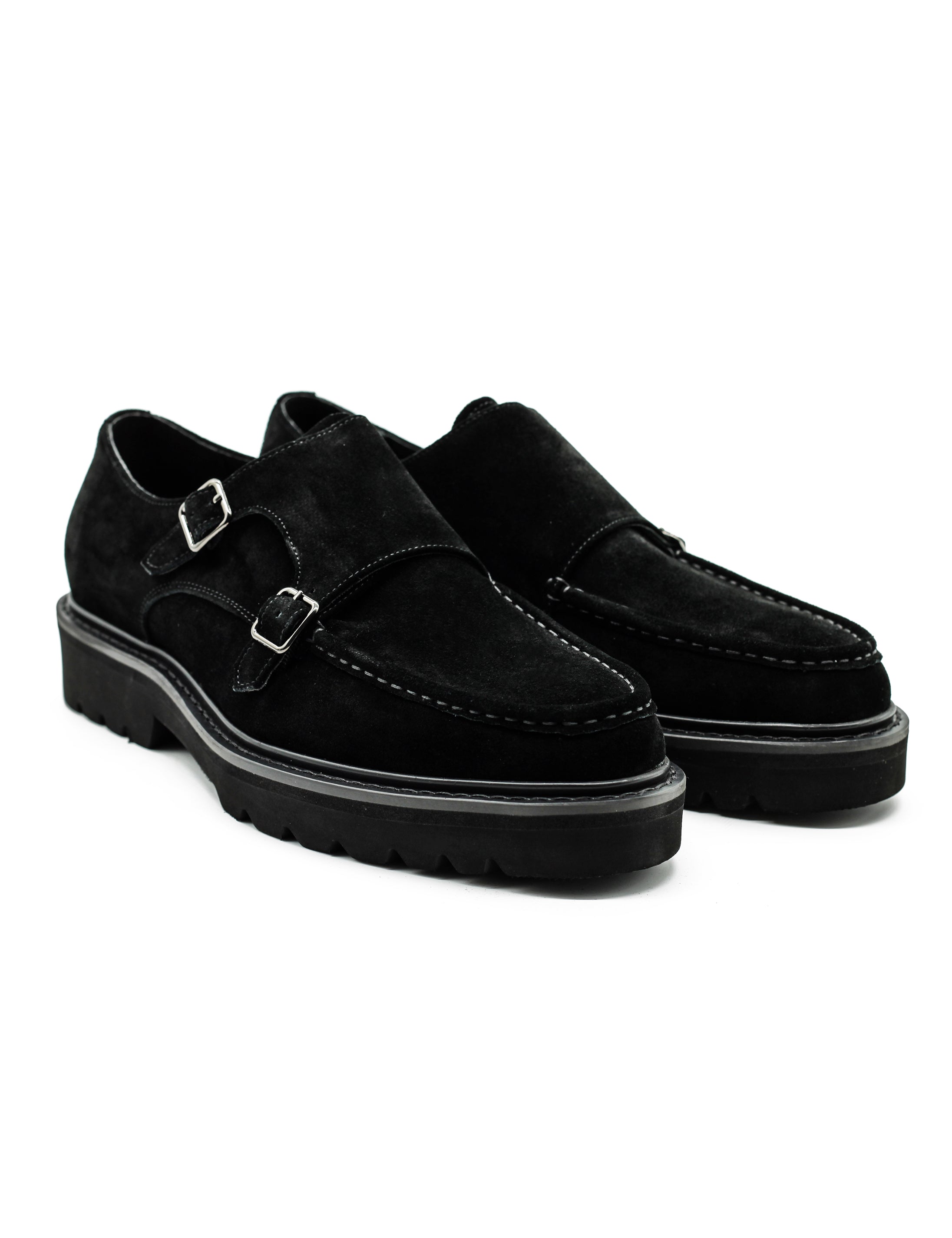 Double Buckle Suede Monk Shoes in Black