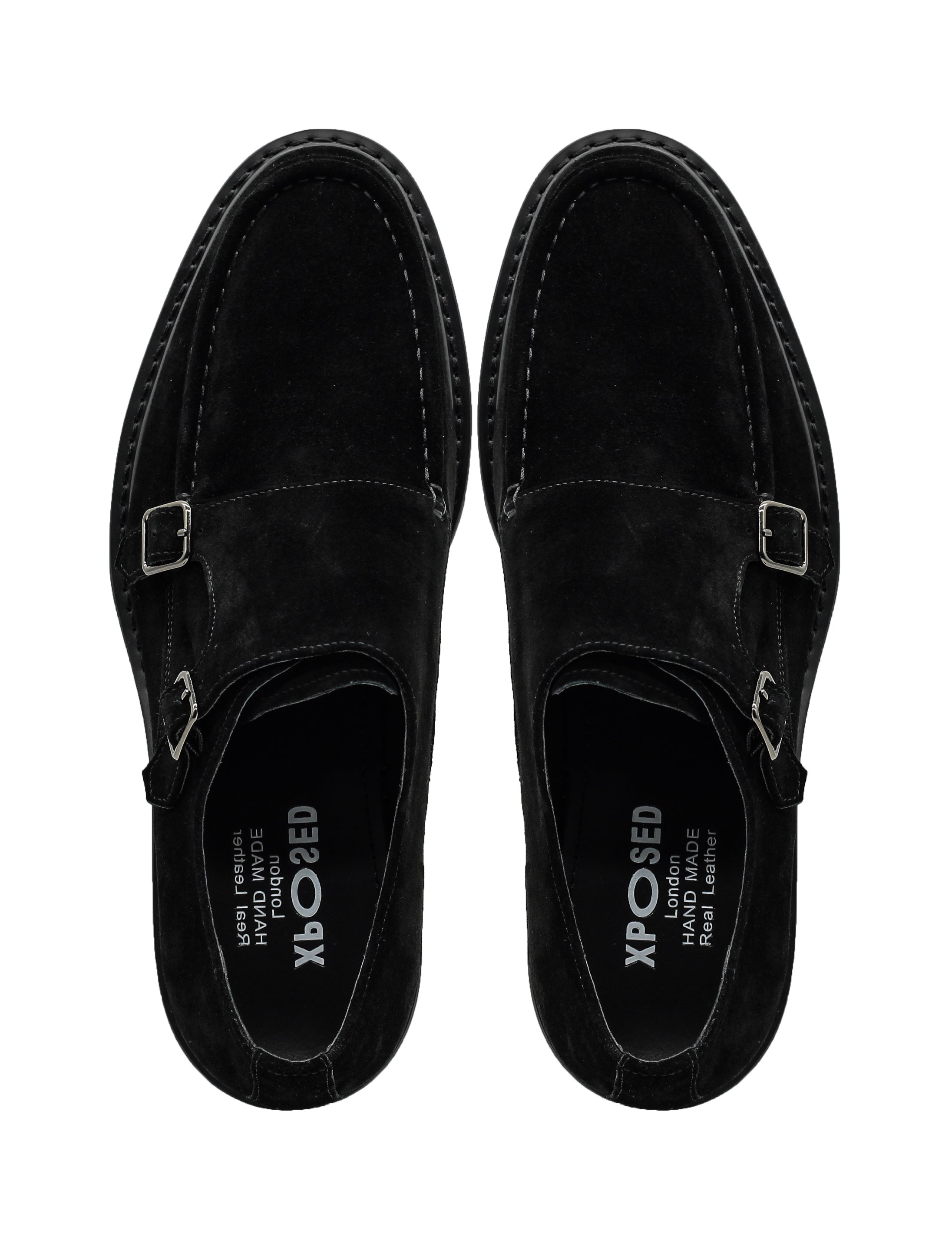 Double Buckle Suede Monk Shoes in Black