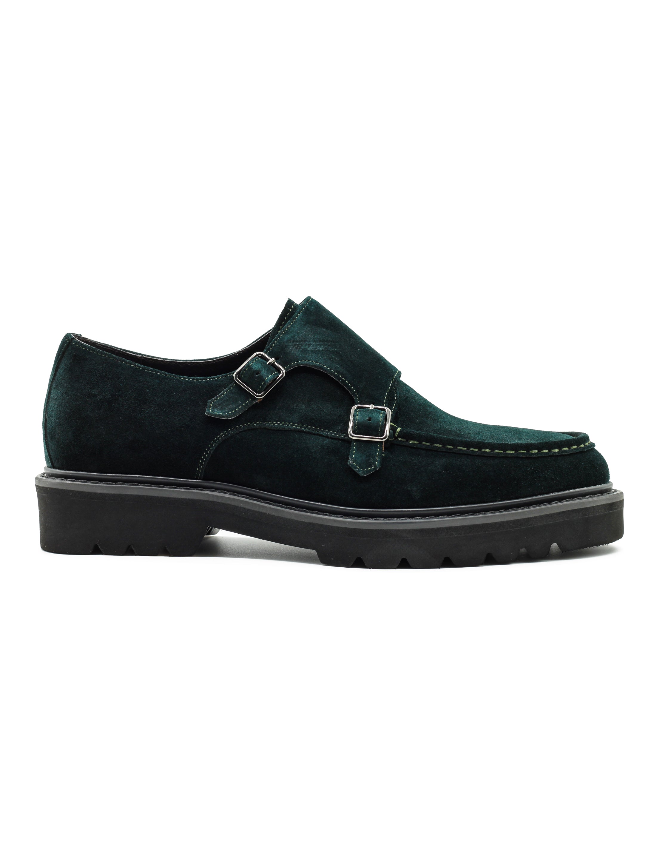 Double Buckle Green Suede Monk Shoes