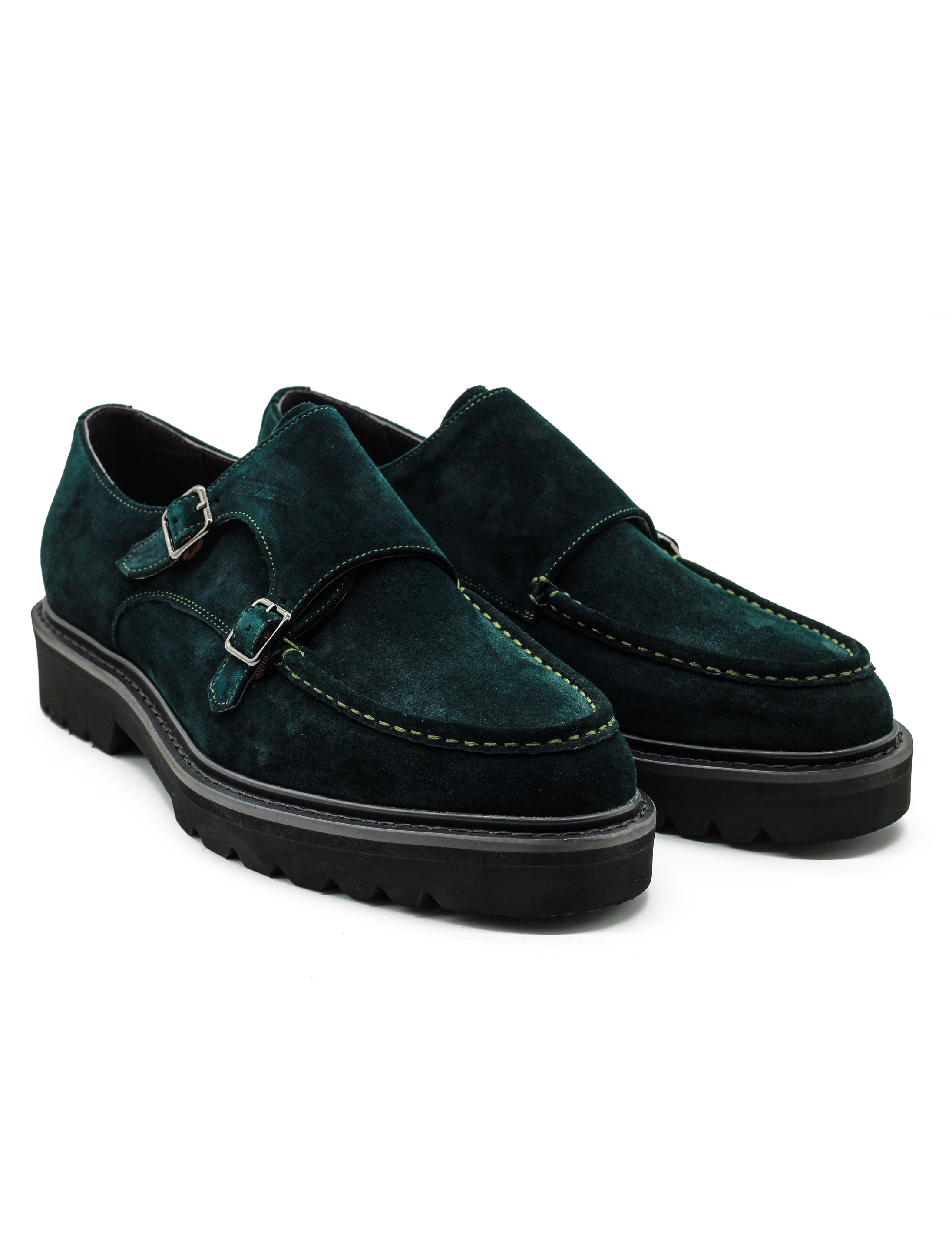 Double Buckle Green Suede Monk Shoes