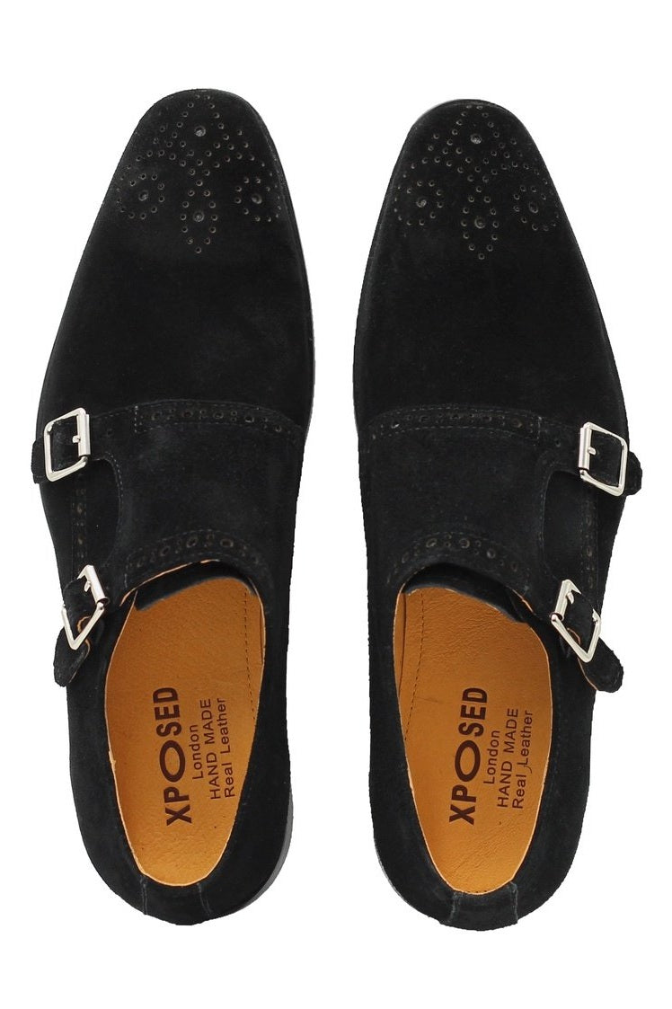 BLACK SUEDE DOUBLE BUCKLE MONKS