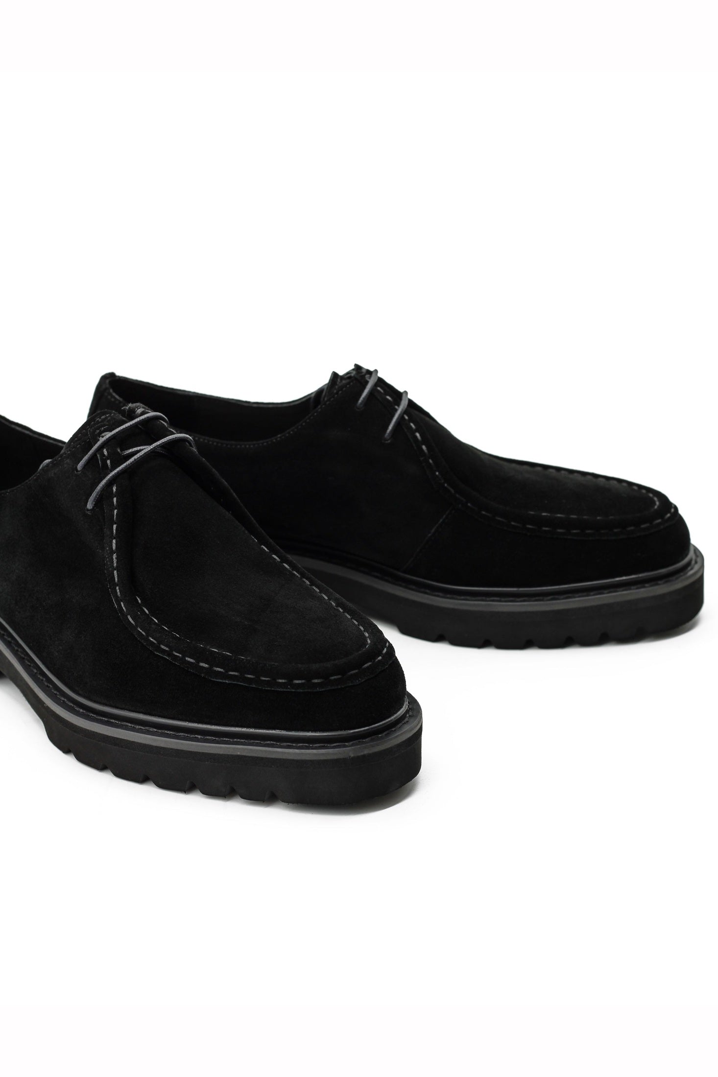 Black Suede Derby Shoes Moc Toe Chunky Sole