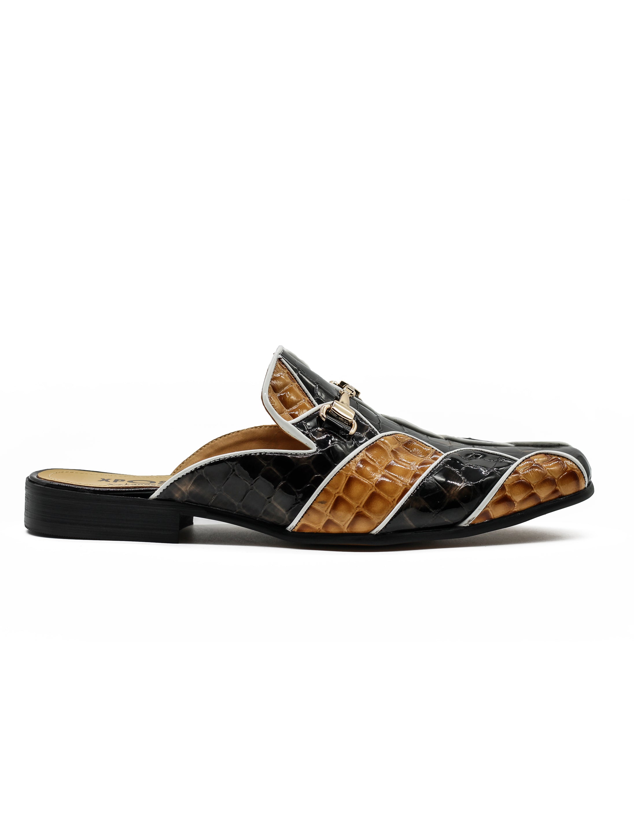 High Shine Real Leather Half Shoes Black Beige Printed