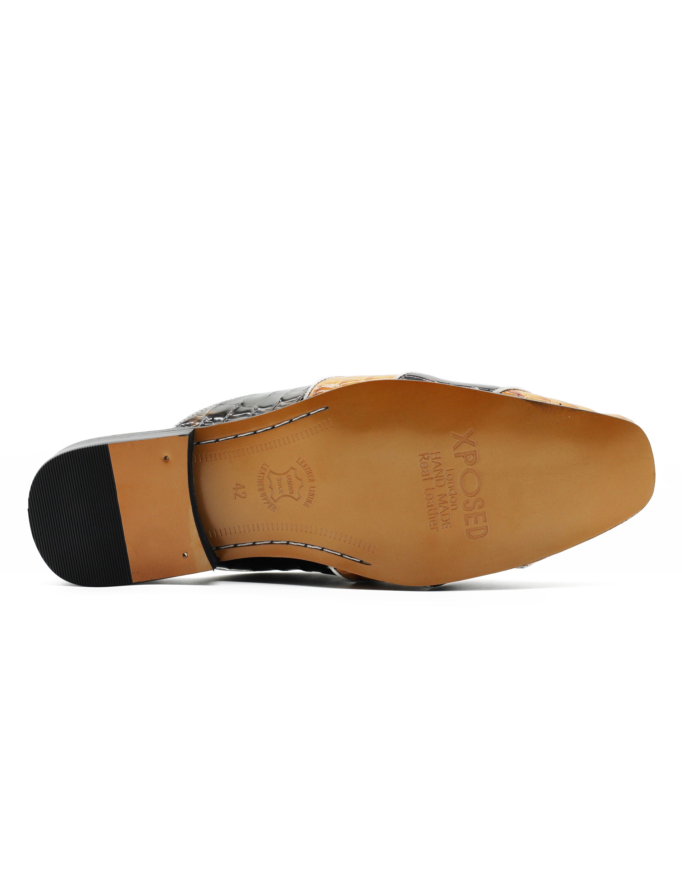 High Shine Real Leather Half Shoes Black Beige Printed