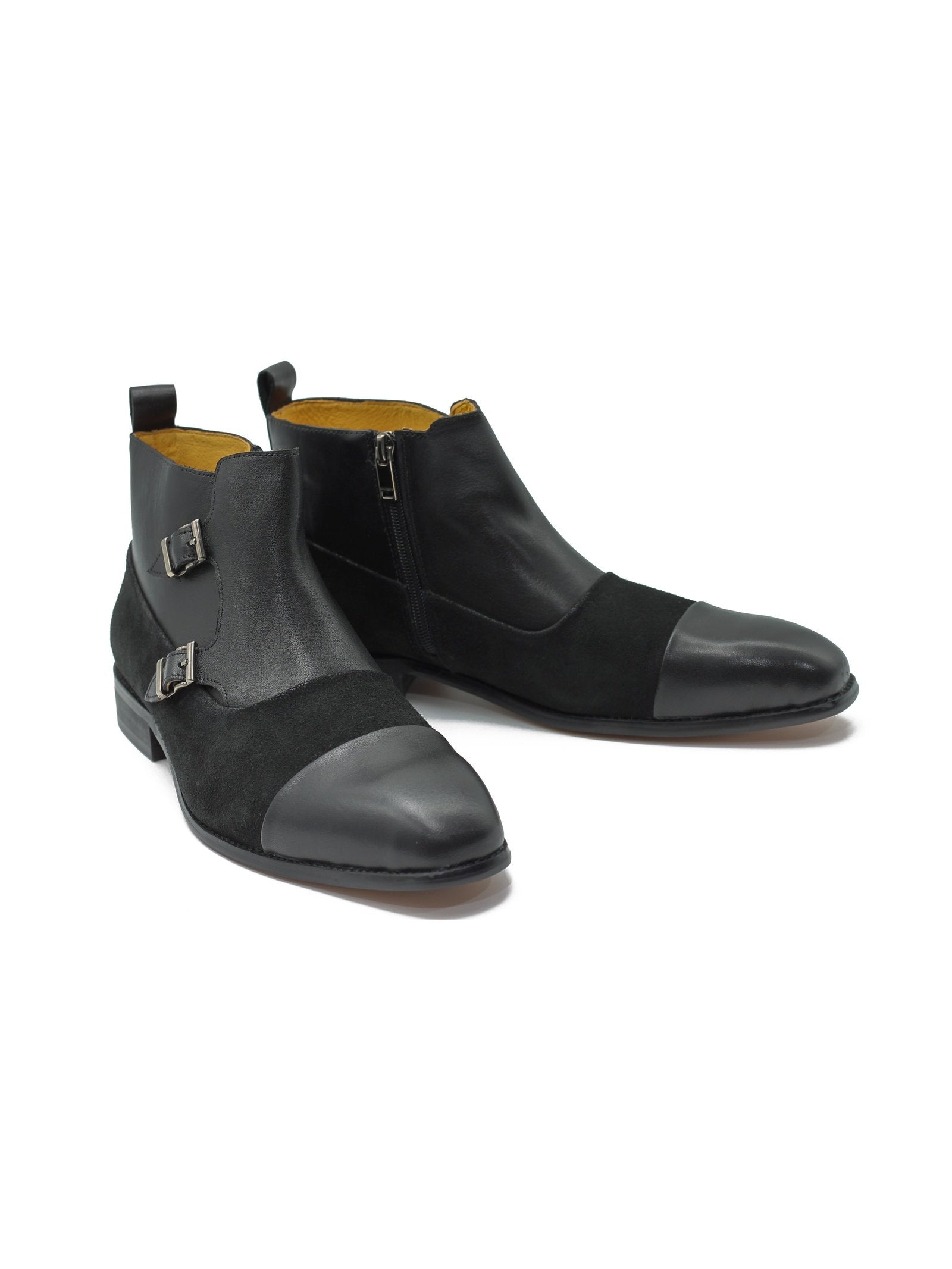 BLACK DOUBLE MONK LEATHER & SUEDE CHELSEA BOOTS
