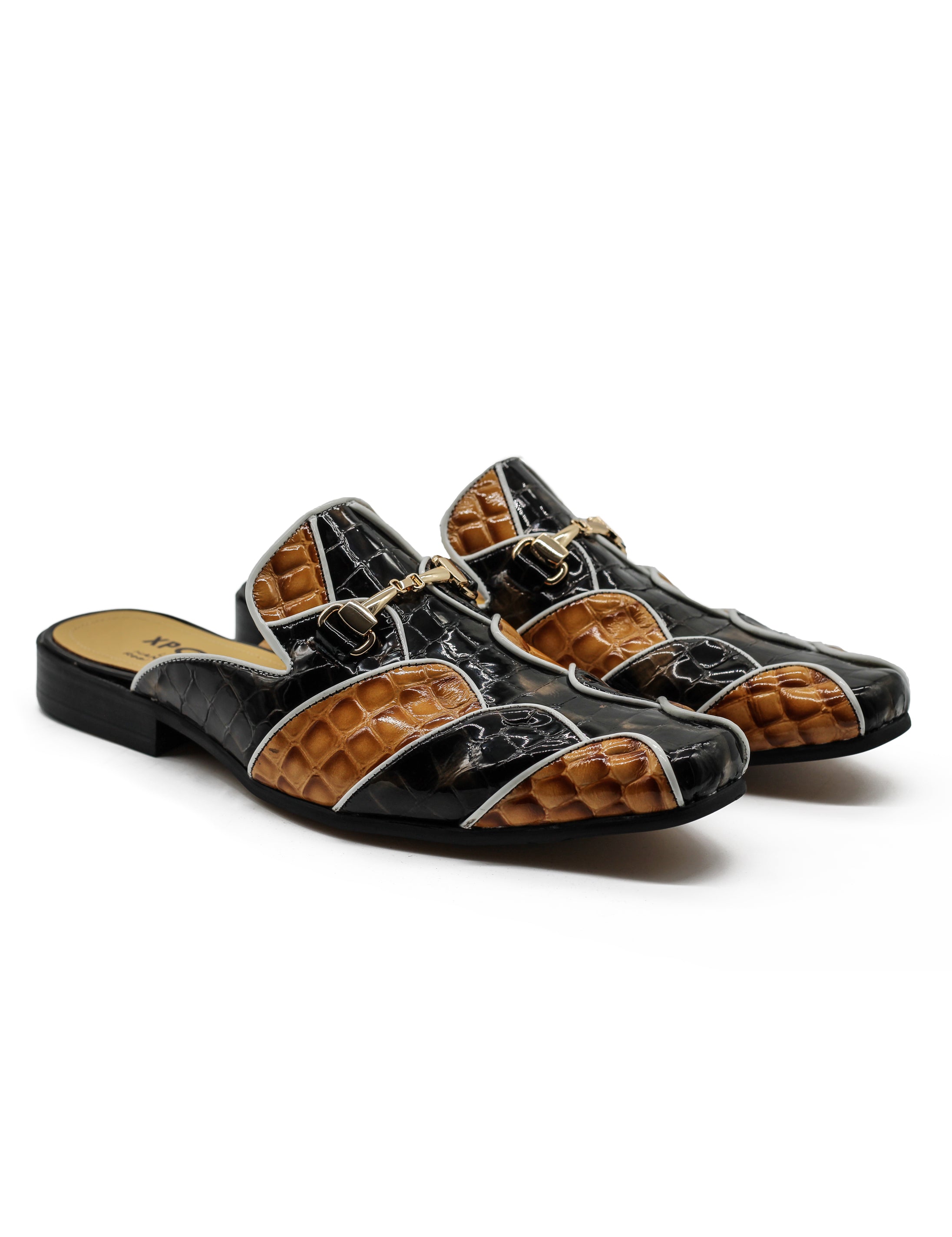 High Shine Real Leather Half Shoes Black Beige Printed