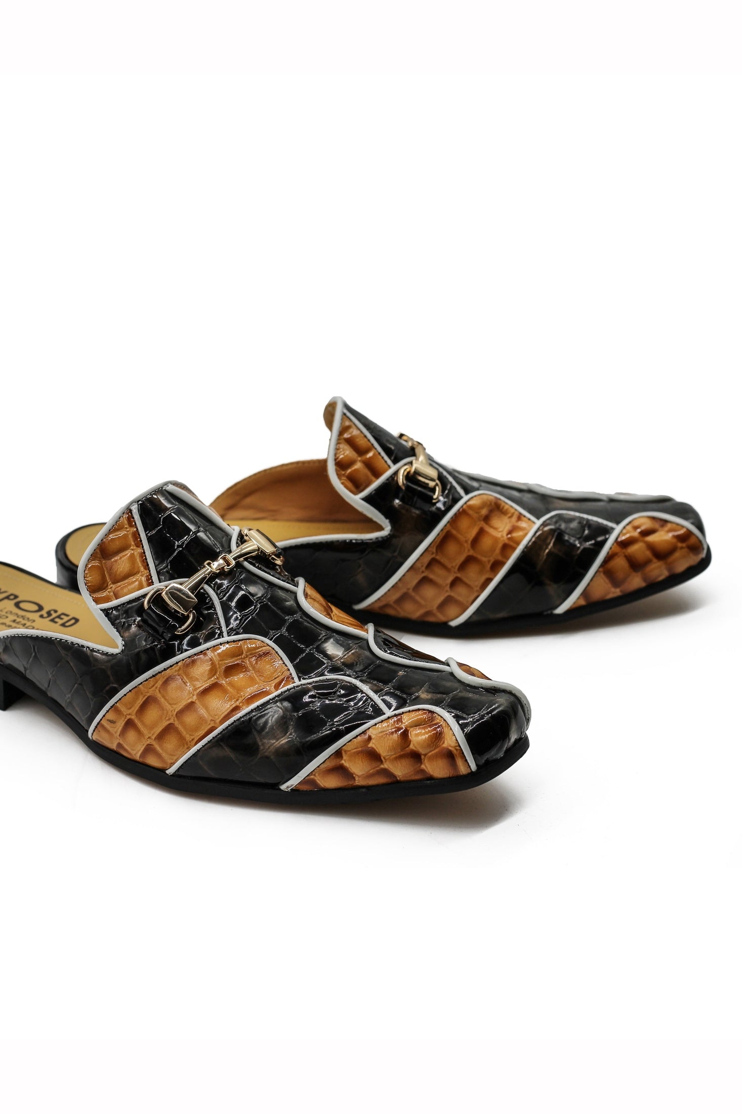 High Shine Real Leather Half Shoes Black Beige Printed