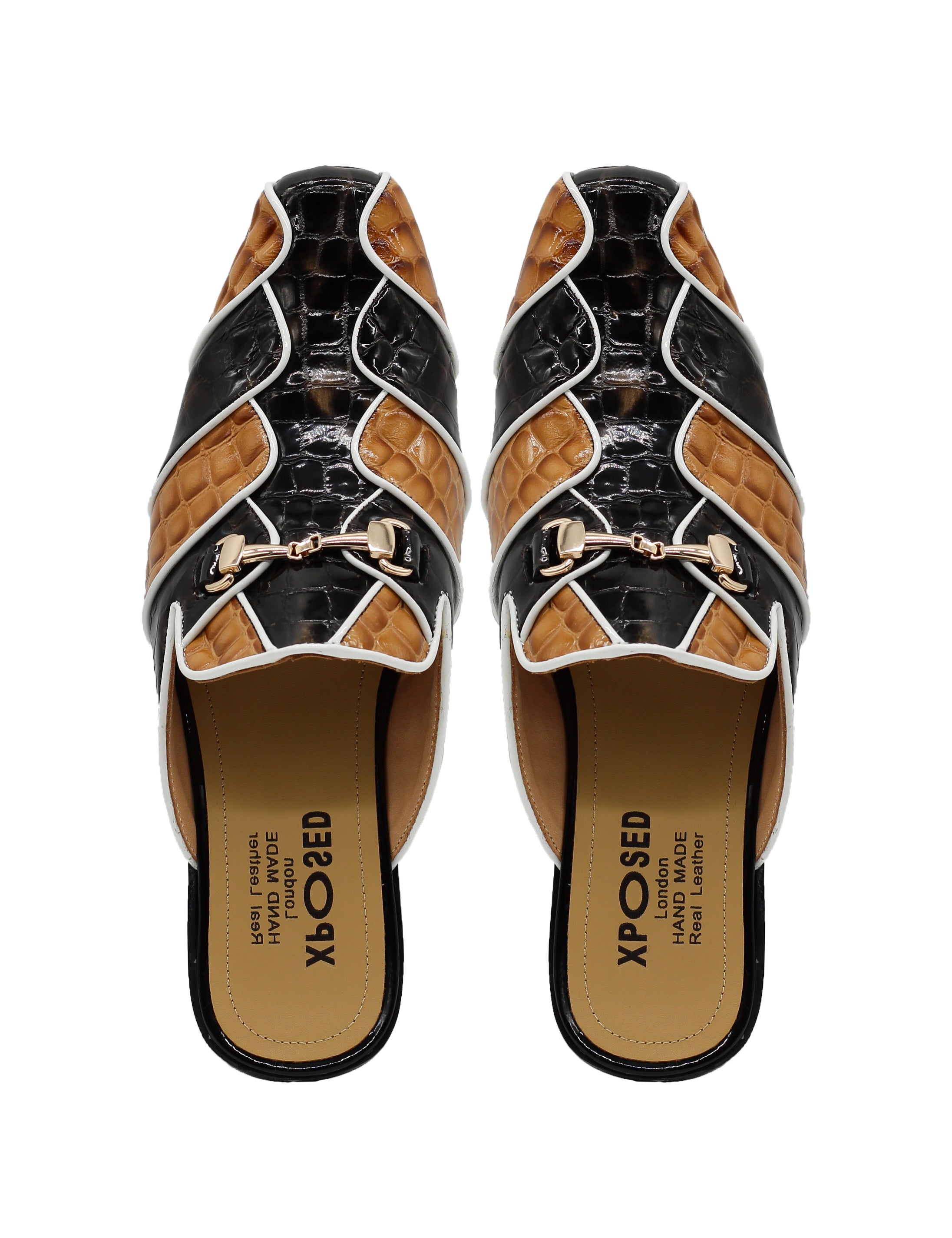 High Shine Real Leather Half Shoes Black Beige Printed