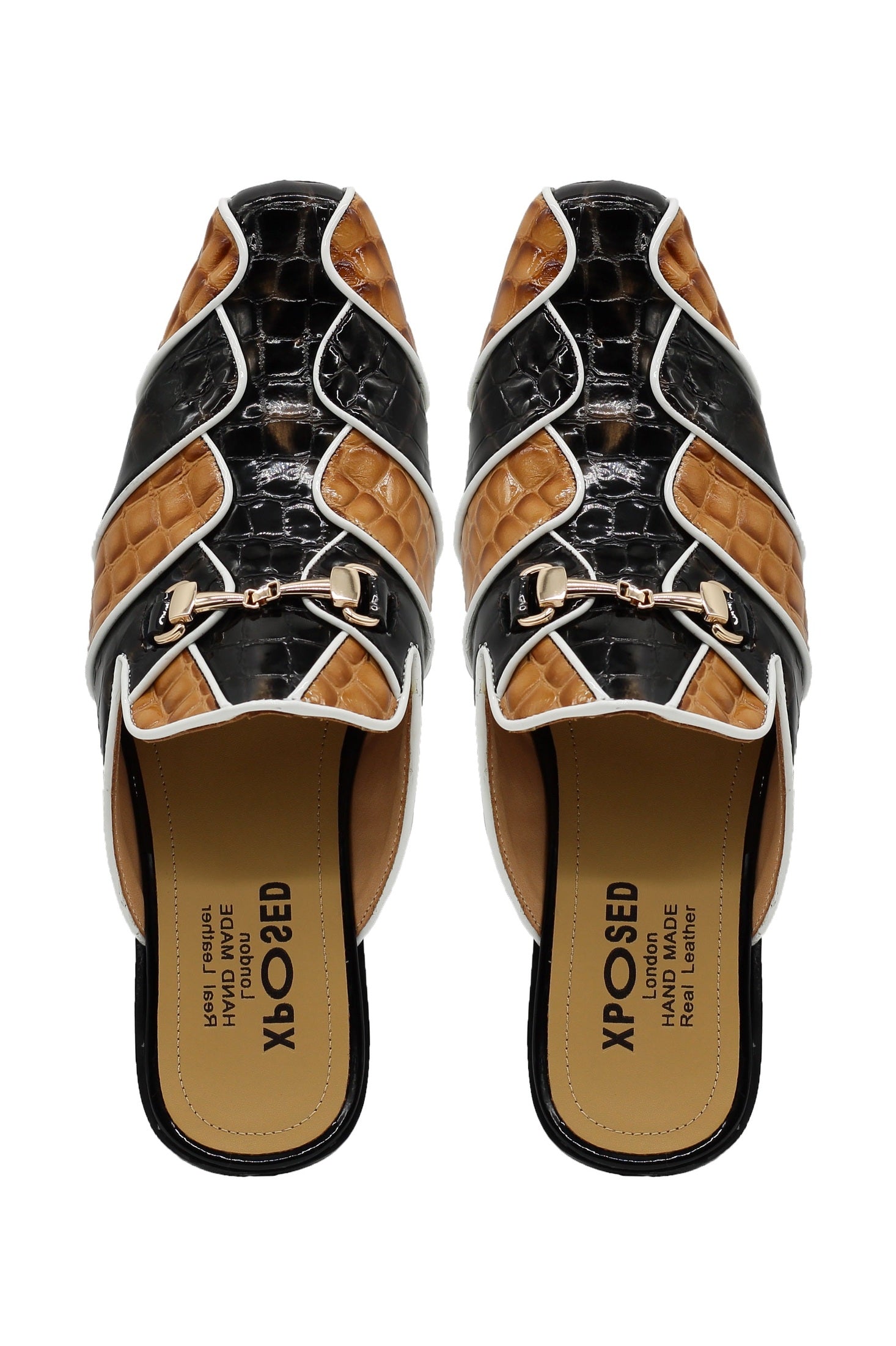 High Shine Real Leather Half Shoes Black Beige Printed