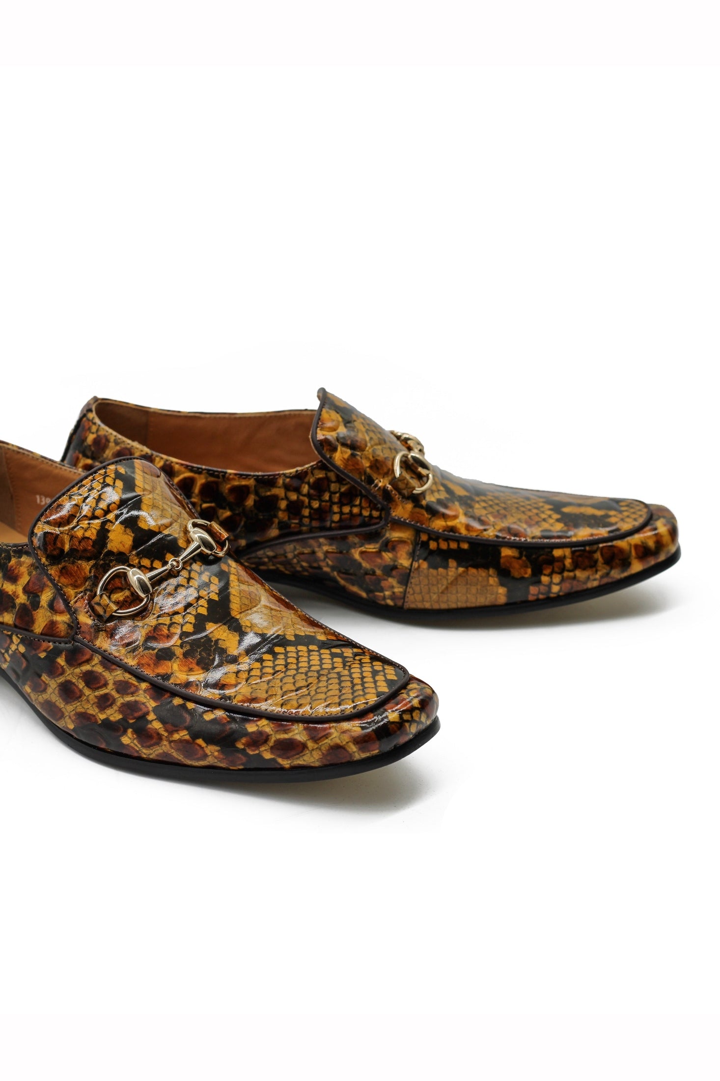 Glossy Real Leather Shoes Printed Gold Snaffle Bit Party Loafers