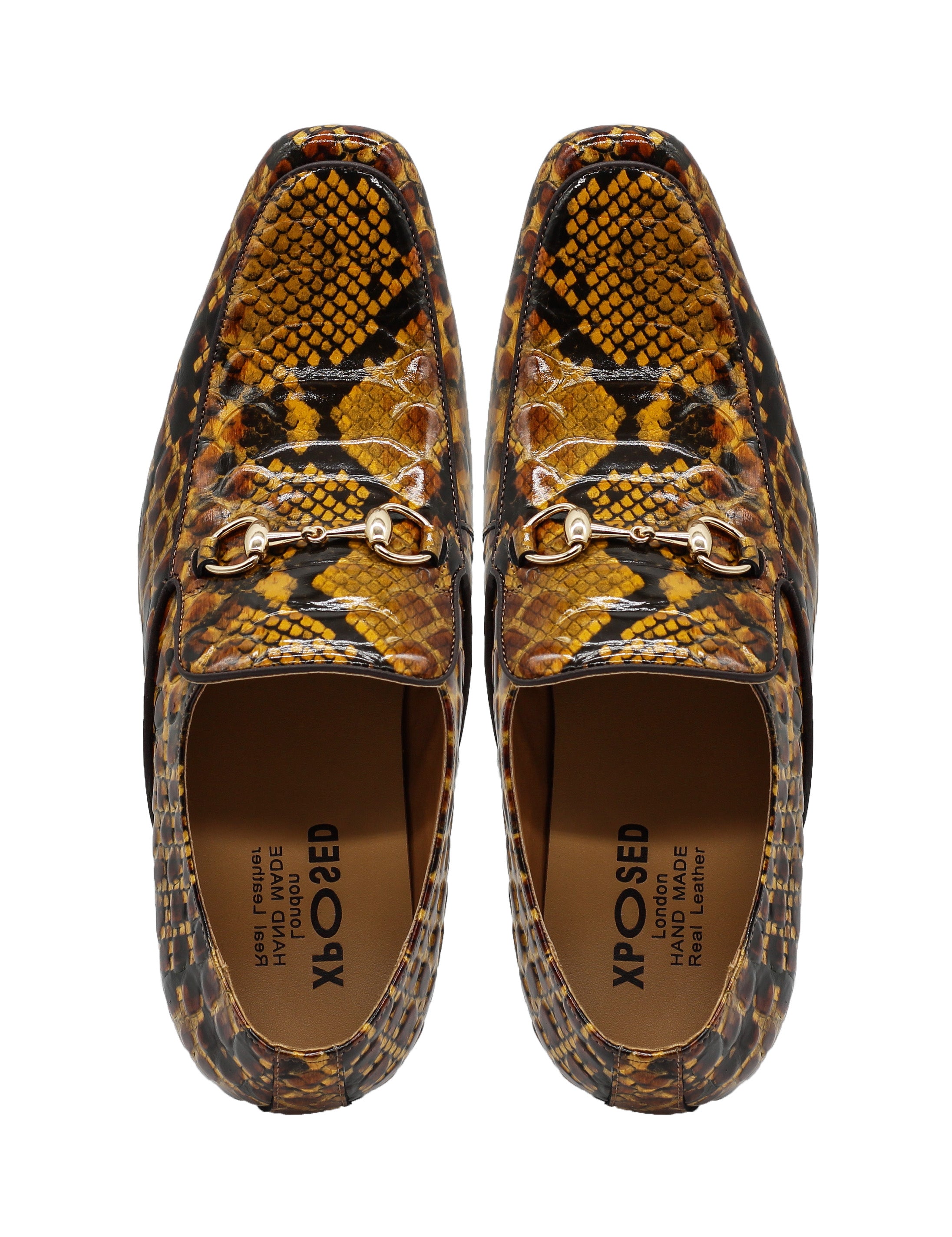 Glossy Real Leather Shoes Printed Gold Snaffle Bit Party Loafers