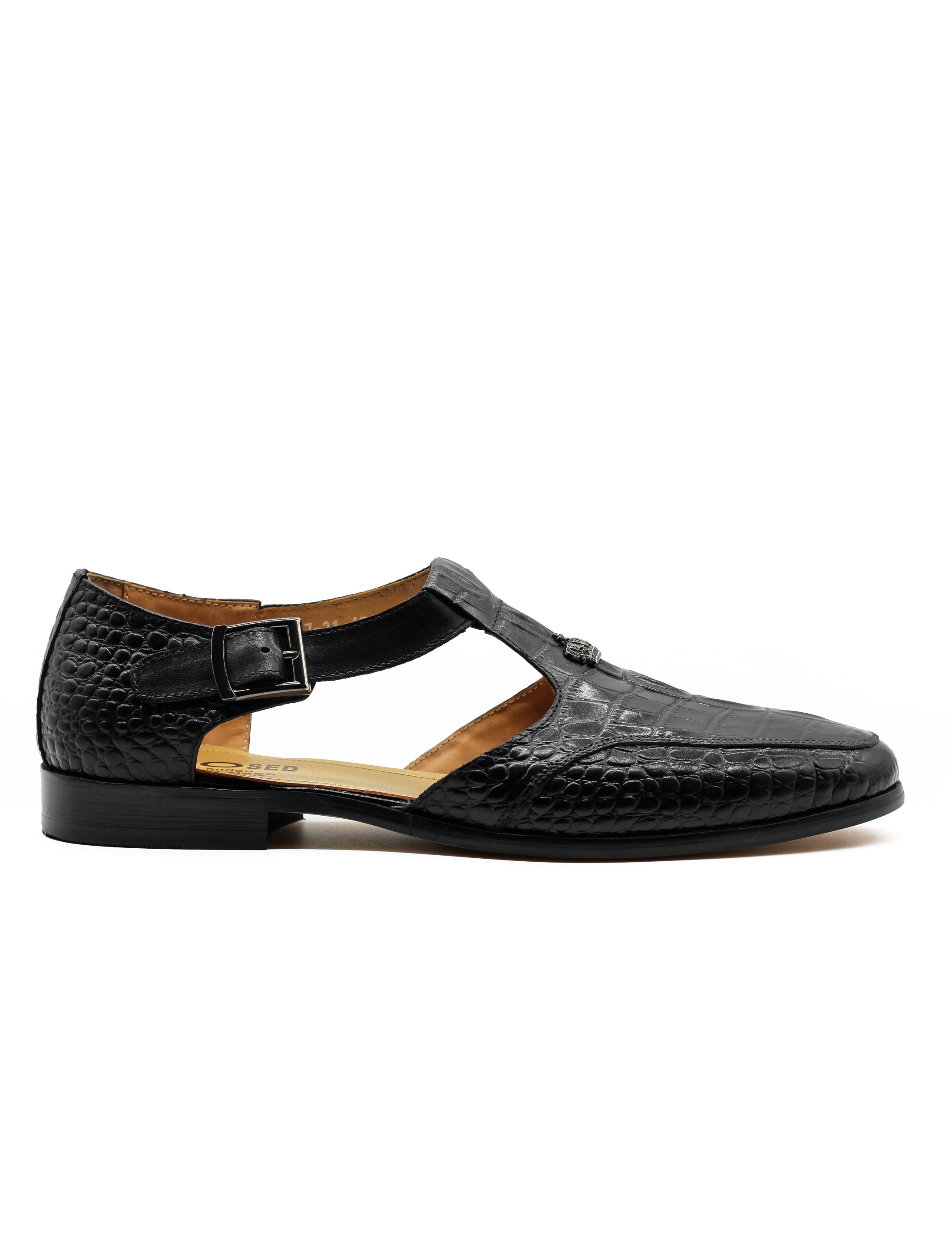 Black Printed Leather T-Strap Sandals – Closed Toe