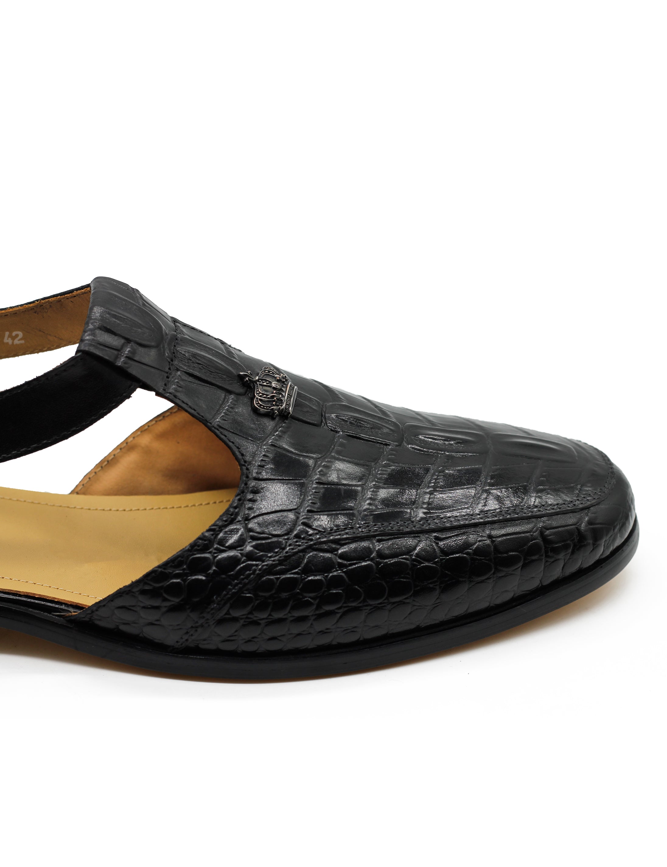 Black Printed Leather T-Strap Sandals – Closed Toe