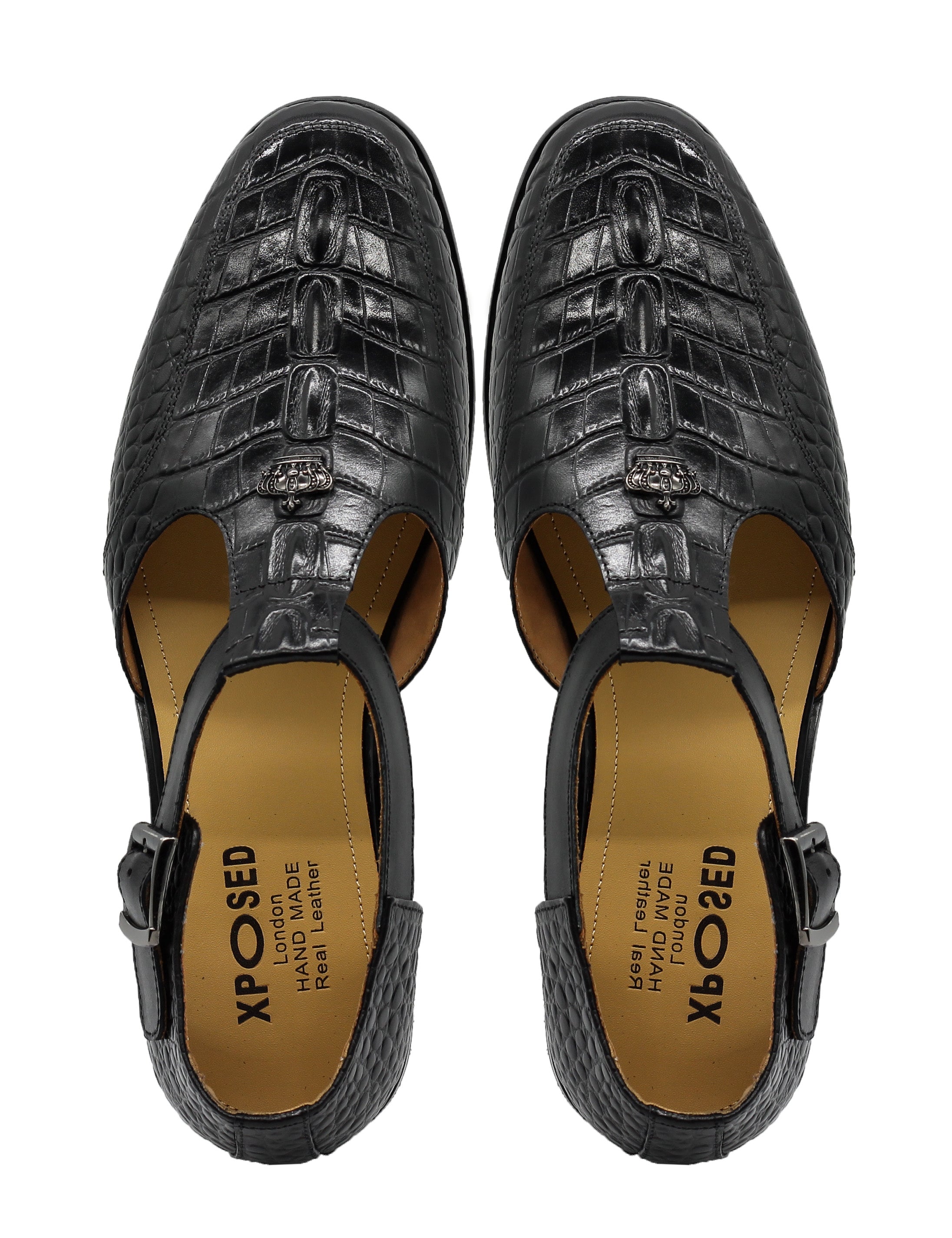 Black Printed Leather T-Strap Sandals – Closed Toe