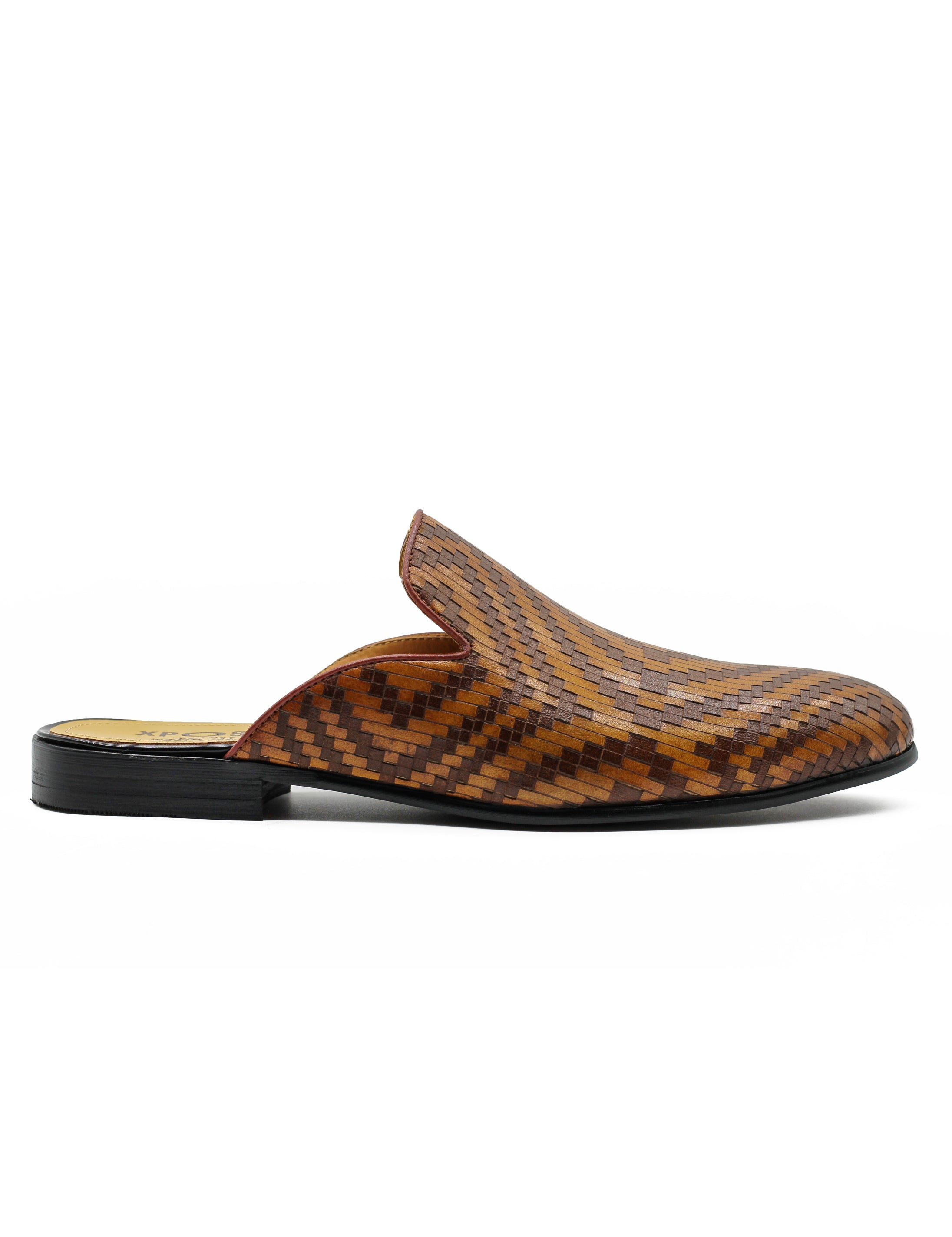 Brown Woven Embossed Leather Half Mules