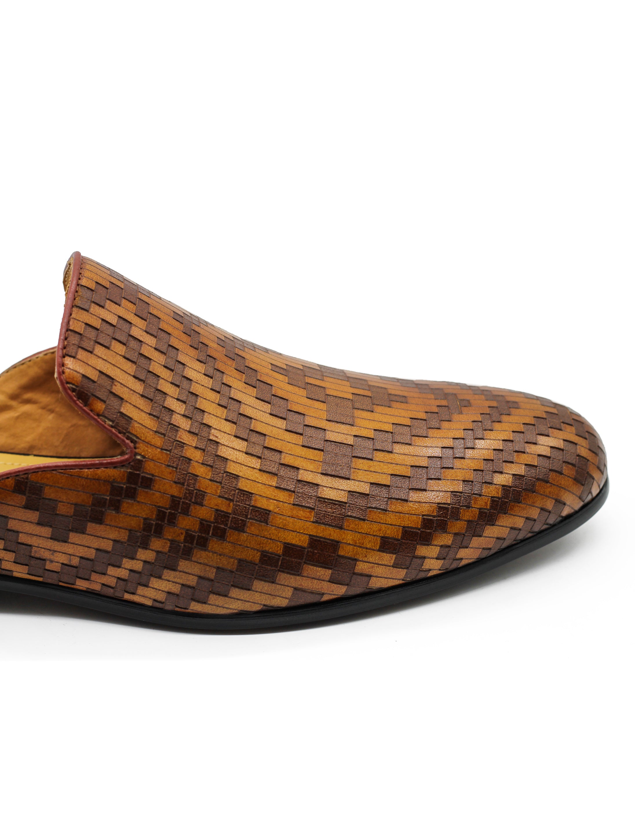 Brown Woven Embossed Leather Half Mules
