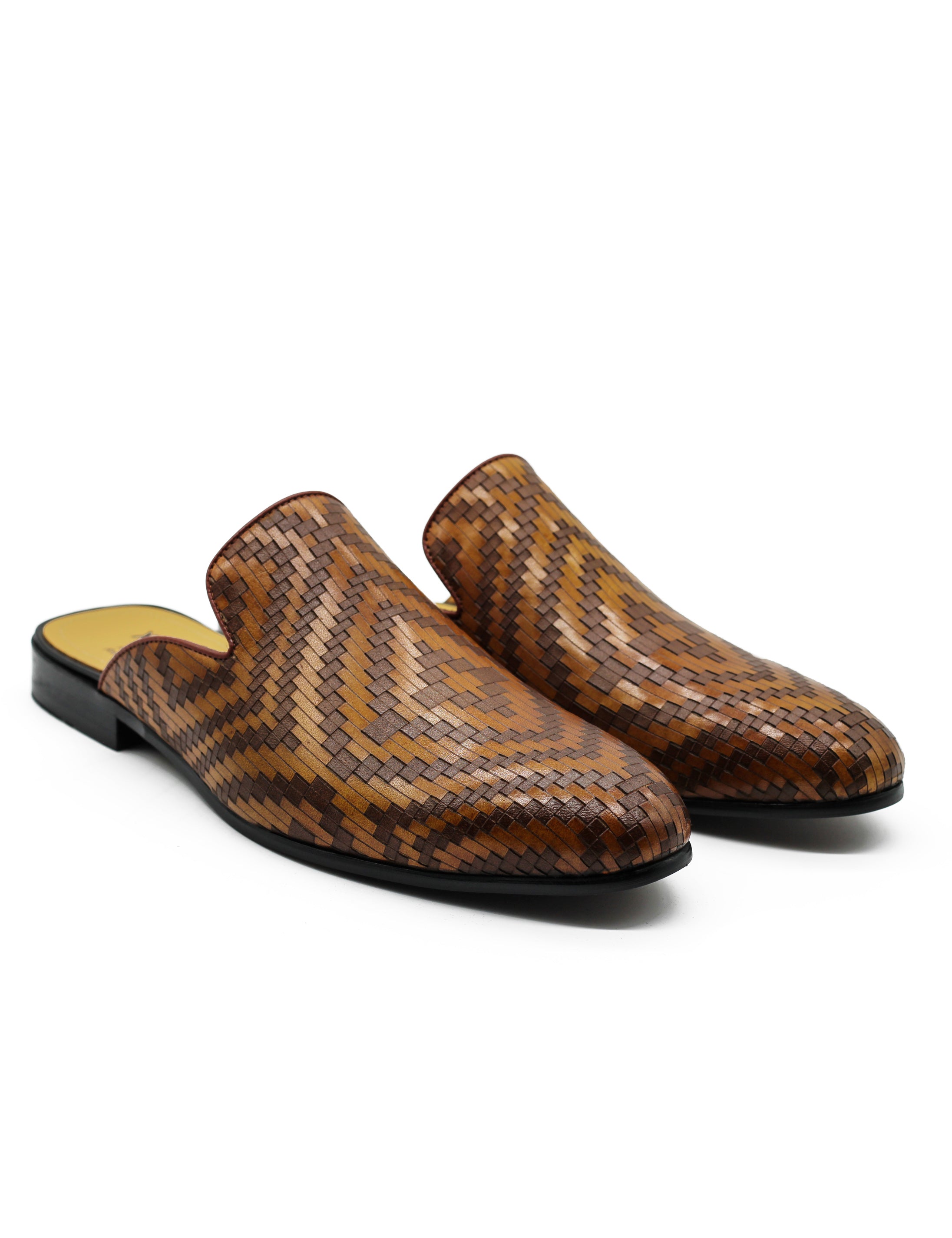 Brown Woven Embossed Leather Half Mules