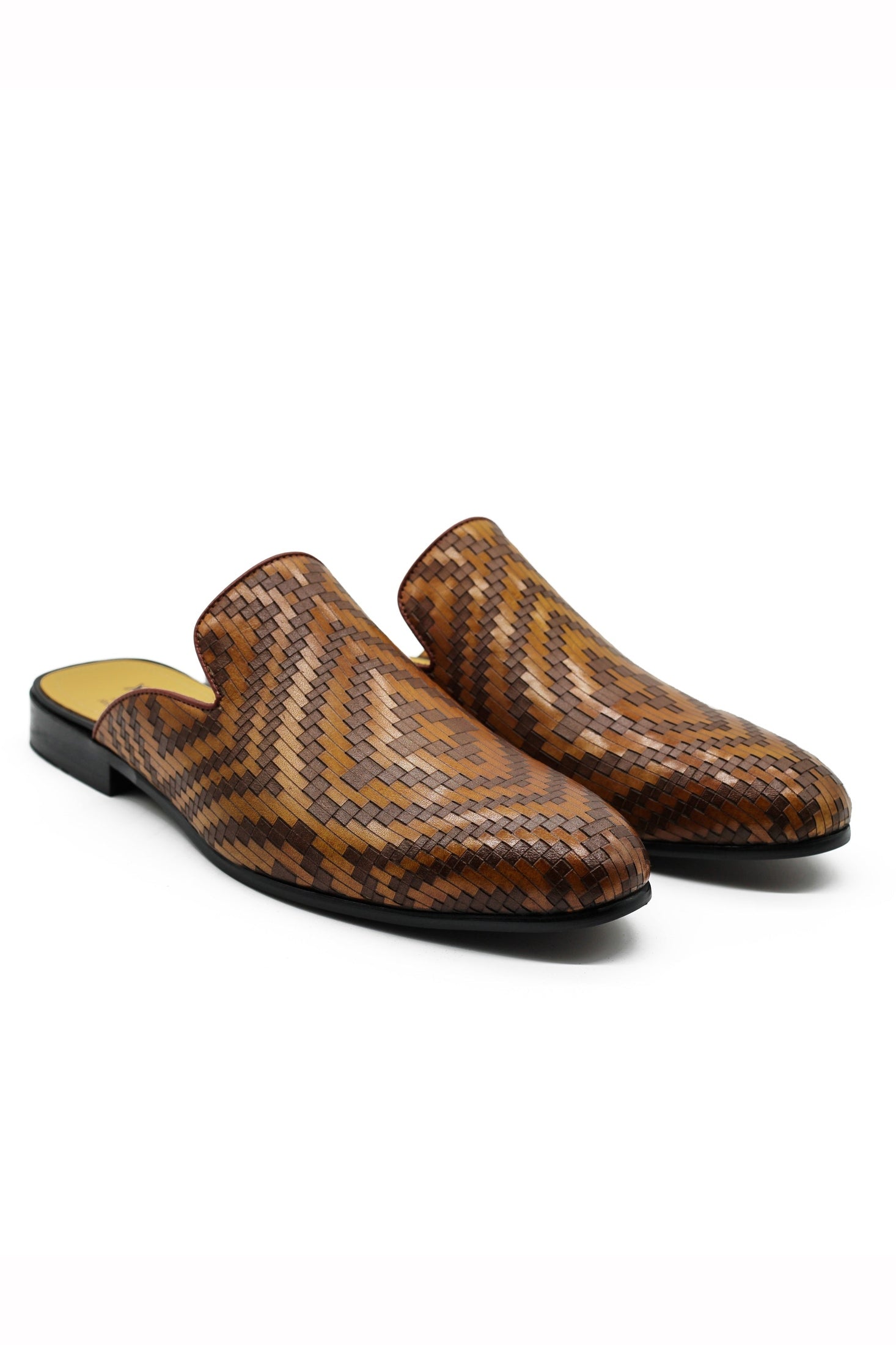 Brown Woven Embossed Leather Half Mules