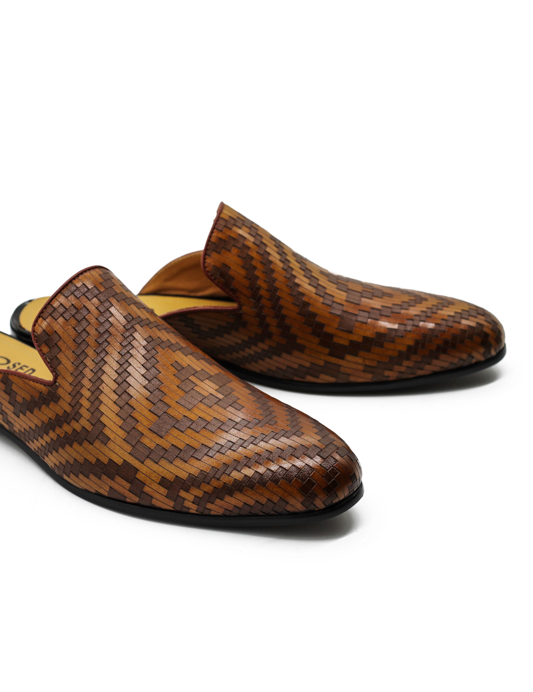 Brown Woven Embossed Leather Half Mules