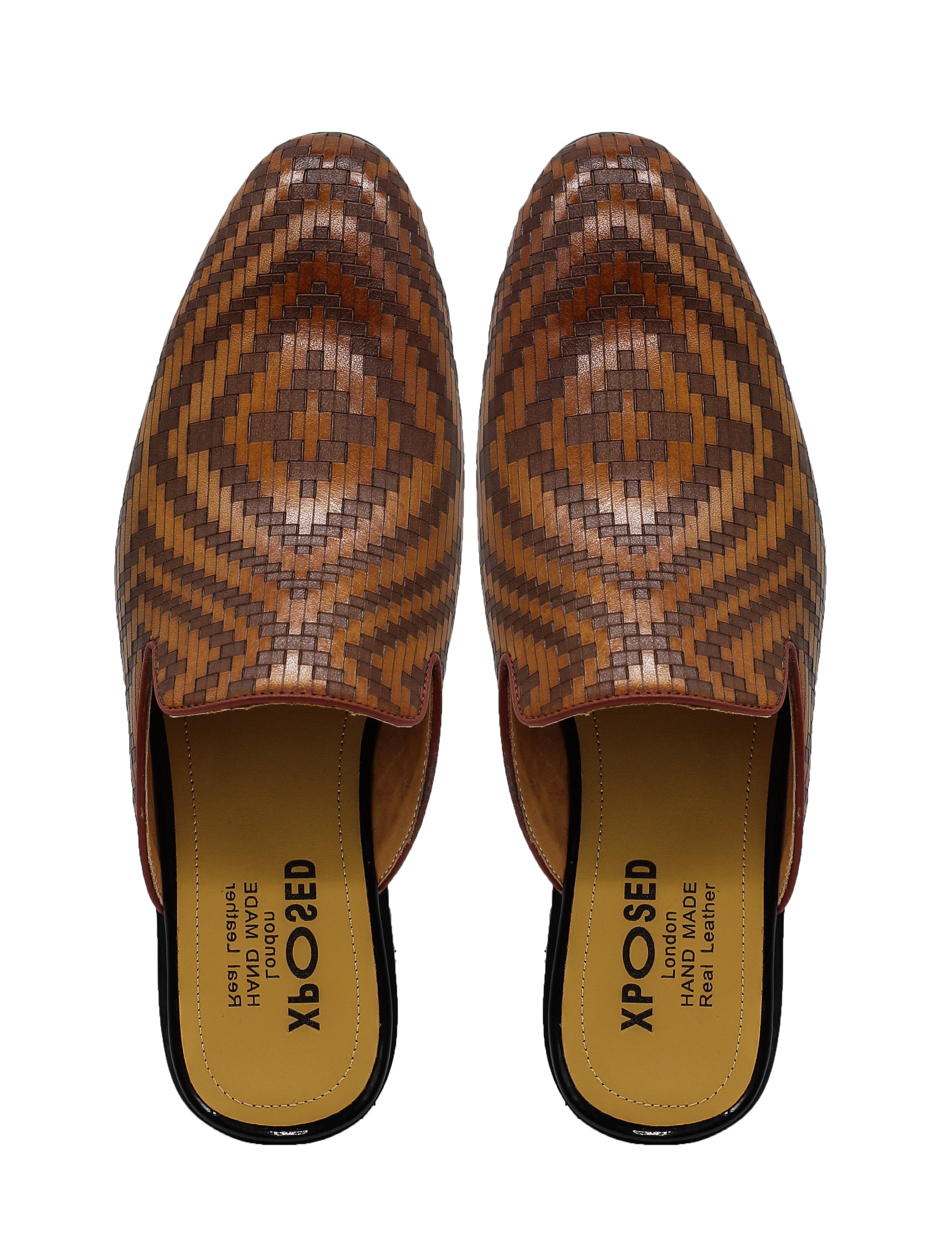 Brown Woven Embossed Leather Half Mules