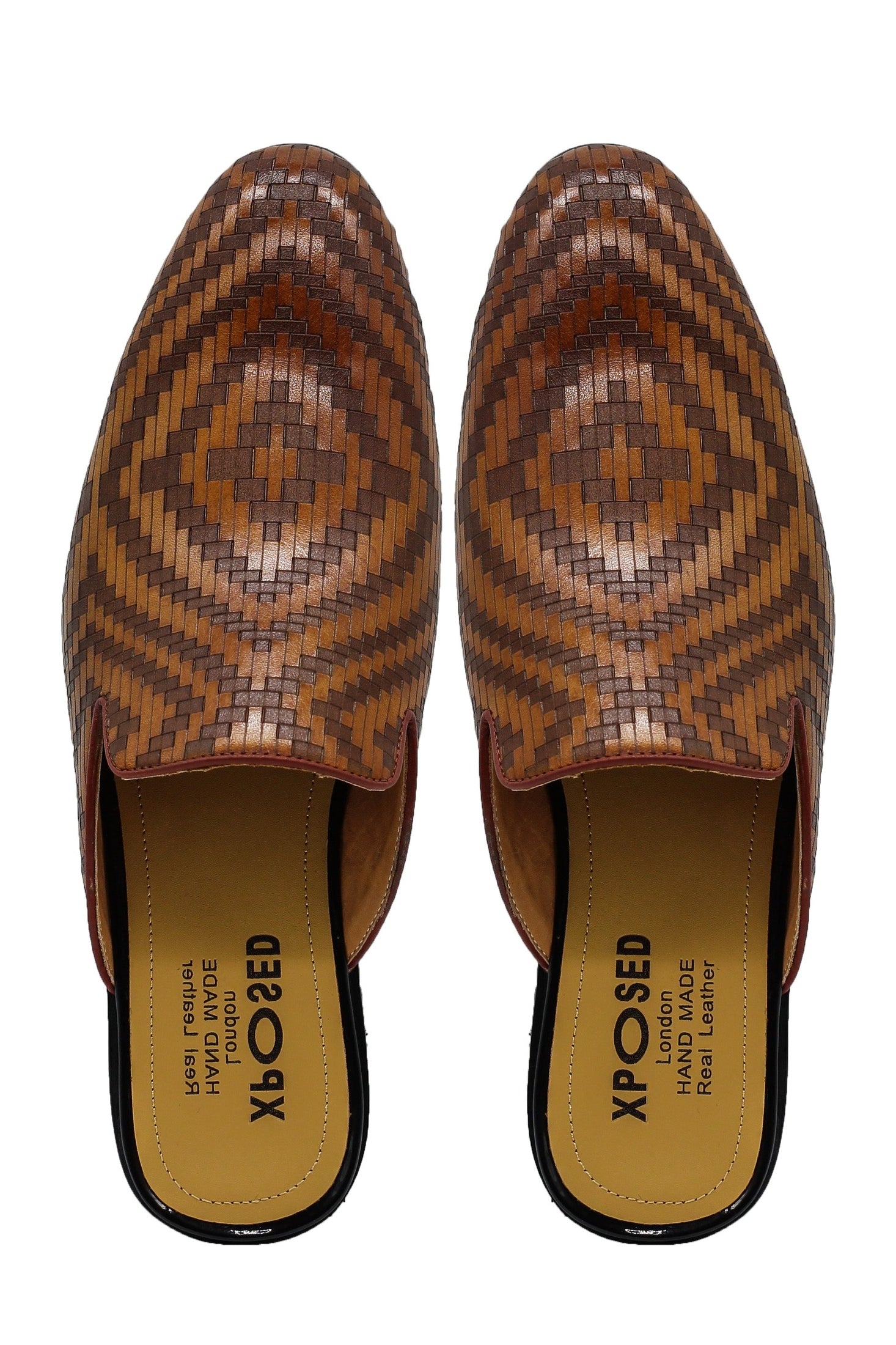 Brown Woven Embossed Leather Half Mules