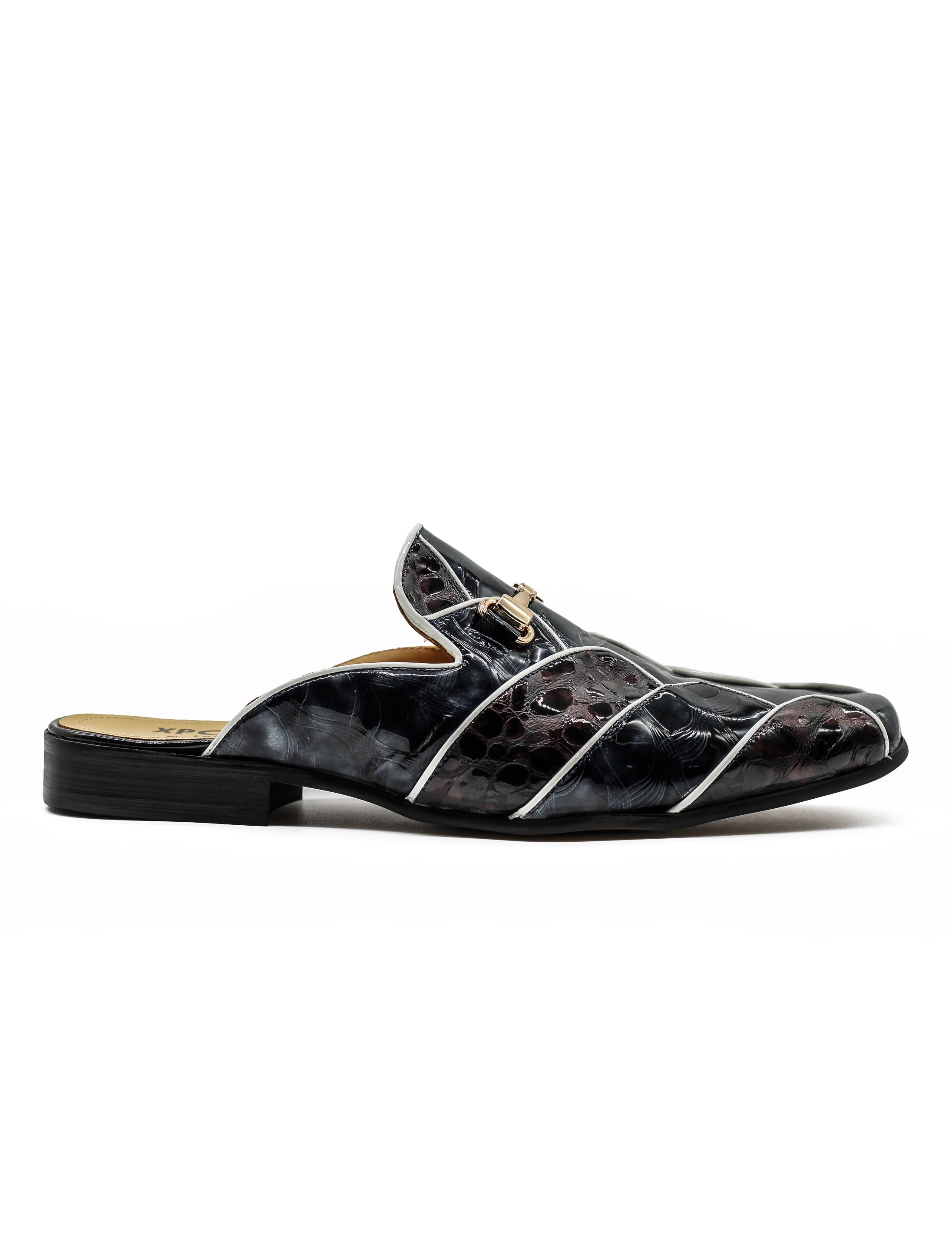 Shiny Black White Real Leather Half Shoes – Gold Buckle