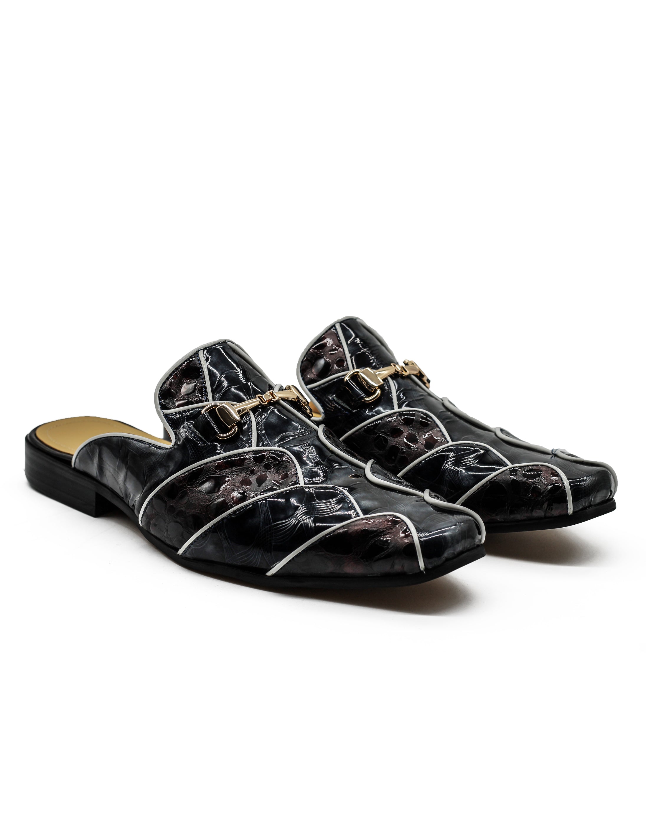 Shiny Black White Real Leather Half Shoes – Gold Buckle