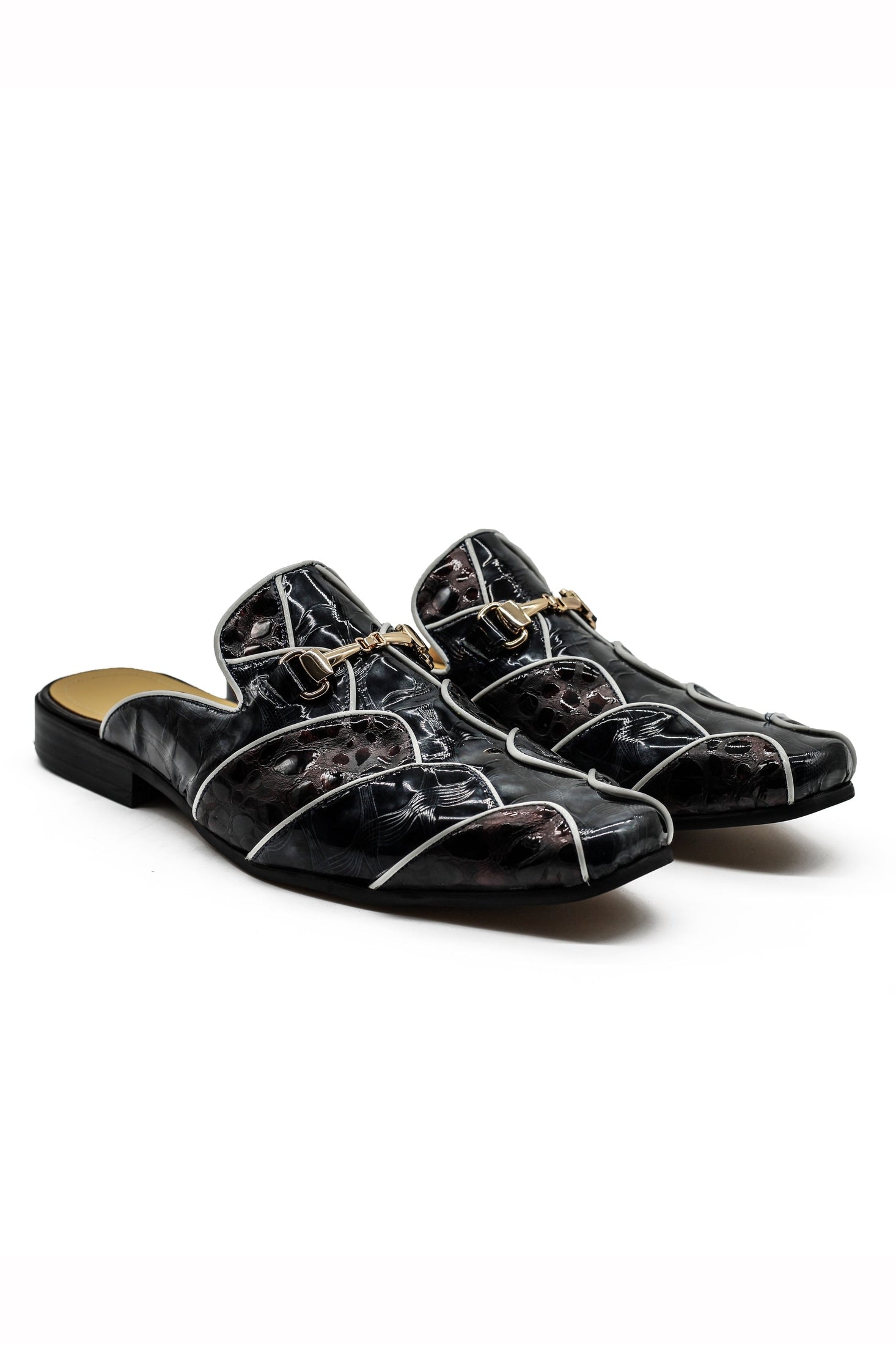 Shiny Black White Real Leather Half Shoes – Gold Buckle
