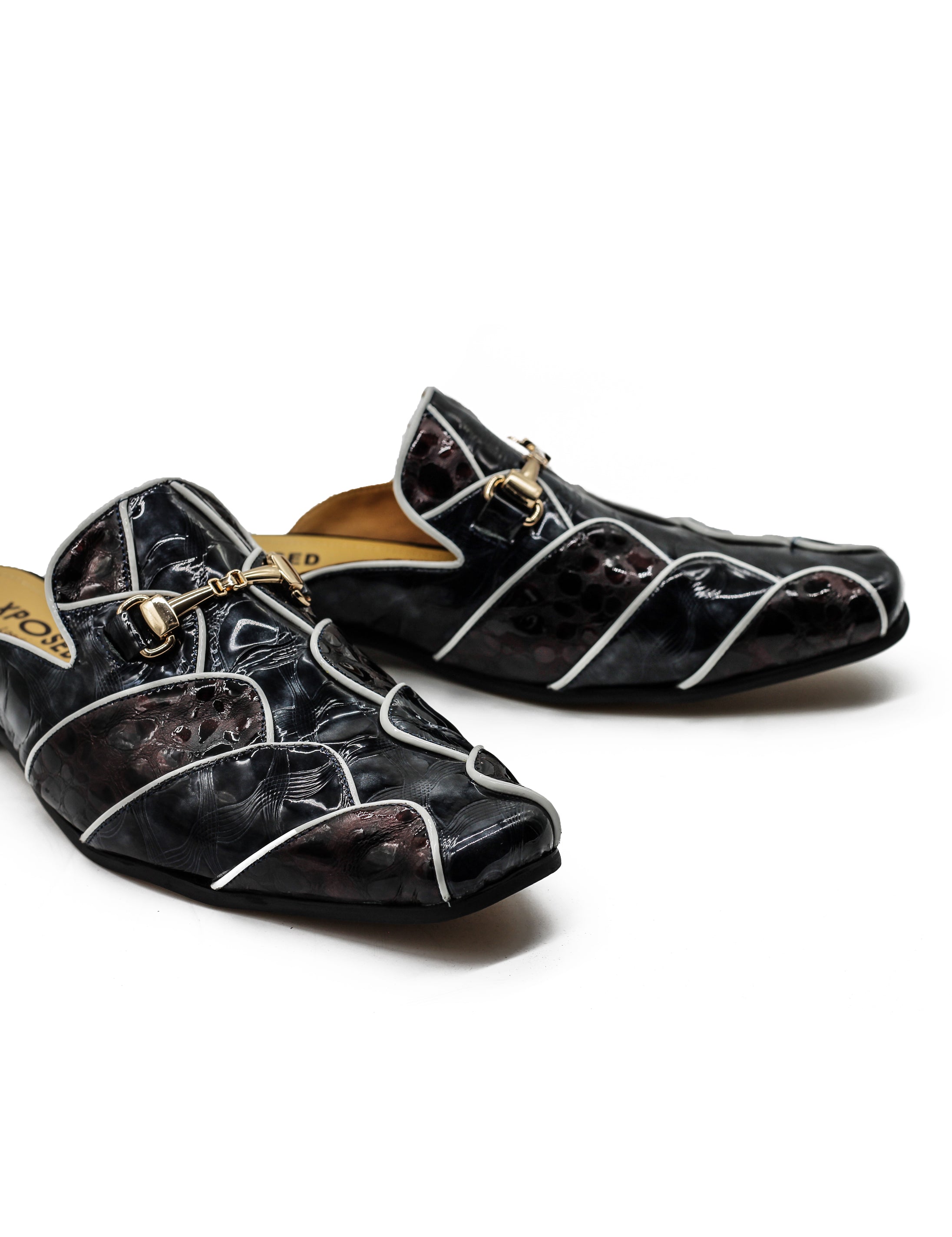 Shiny Black White Real Leather Half Shoes – Gold Buckle