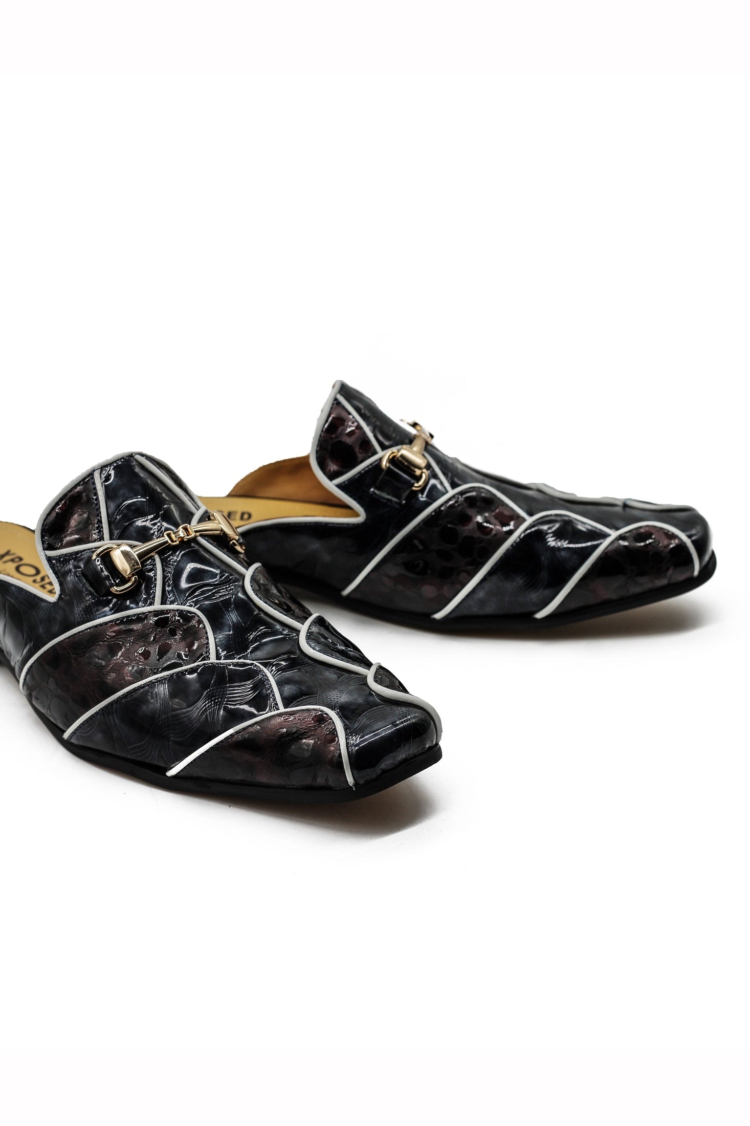 Shiny Black White Real Leather Half Shoes – Gold Buckle
